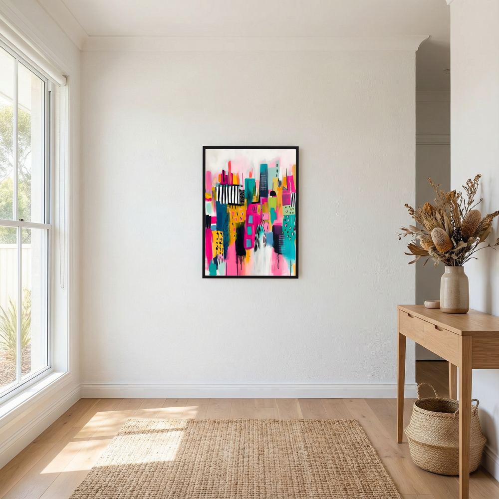 Neon Metropolis colourful abstract cityscape print, product view 7.