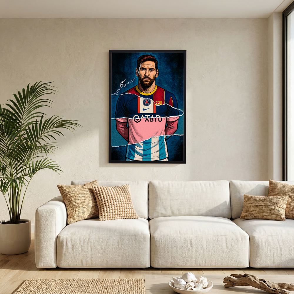 Alternative size view of football portrait with navy, red, pink and sky-blue torn-paper layers, shown in a blue wooden frame.