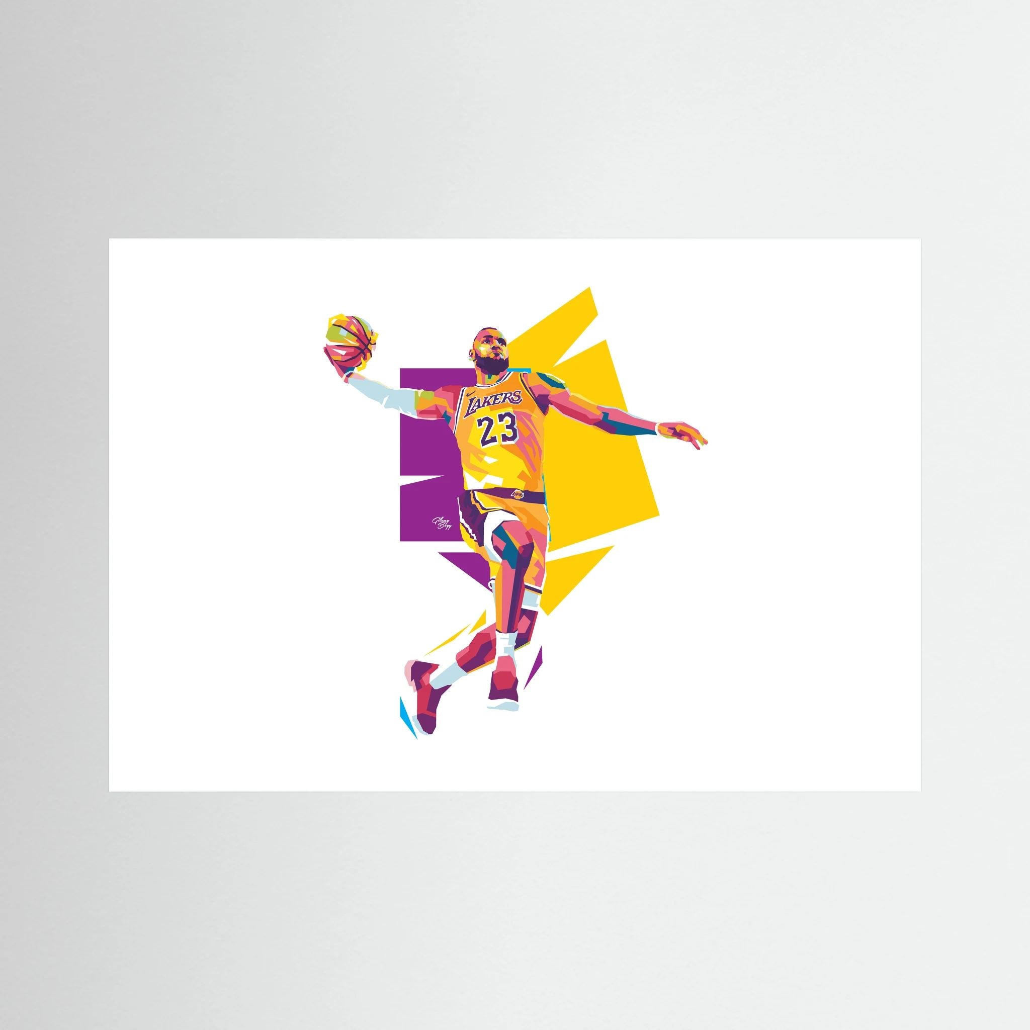 Stylised LeBron James in yellow and purple rises with a basketball against angular colour blocks on white, shown in product view 3.