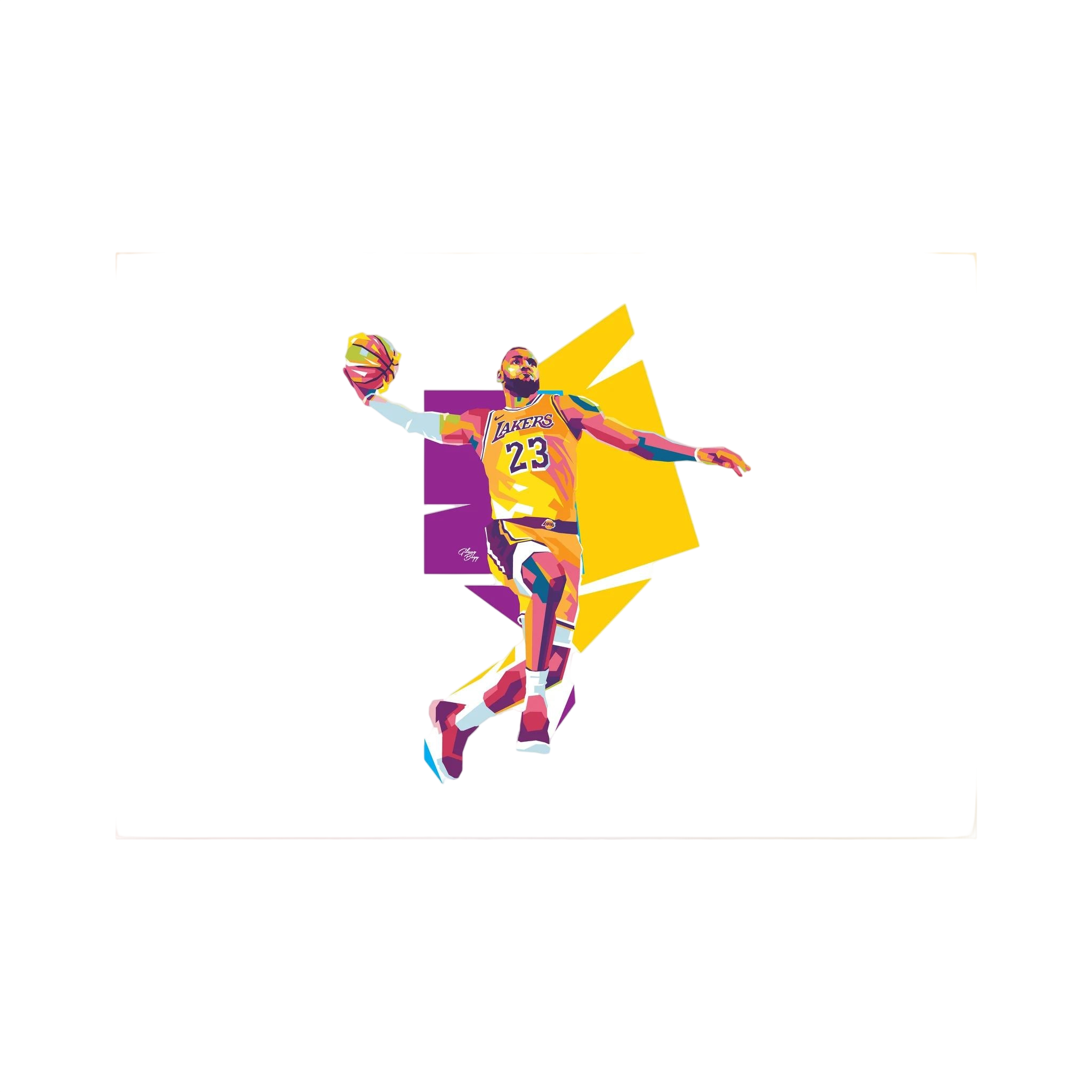 Stylised LeBron James in yellow and purple rises with a basketball against angular colour blocks on white, shown in product view 3.