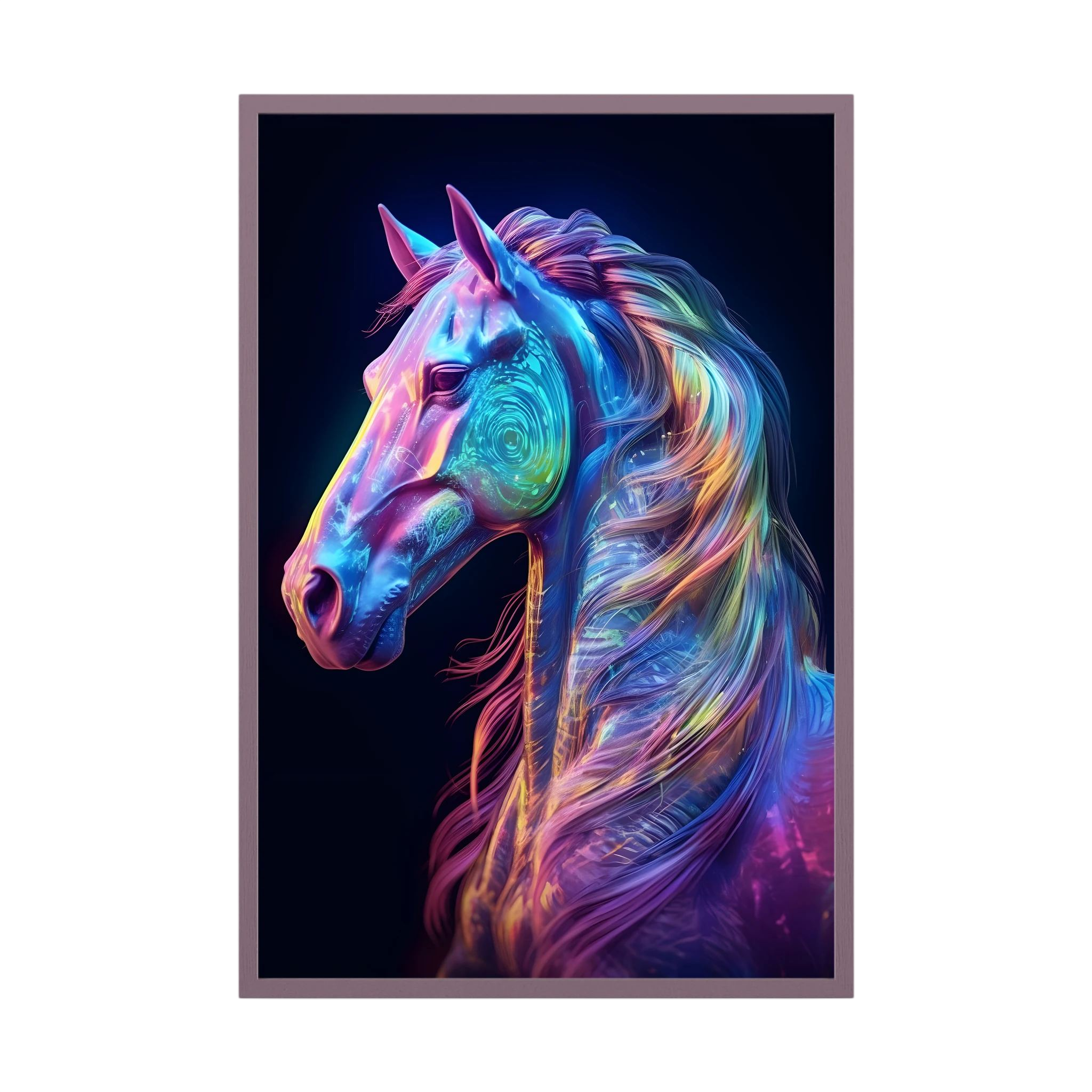 Neon blue, pink and violet horse portrait against a dark background.