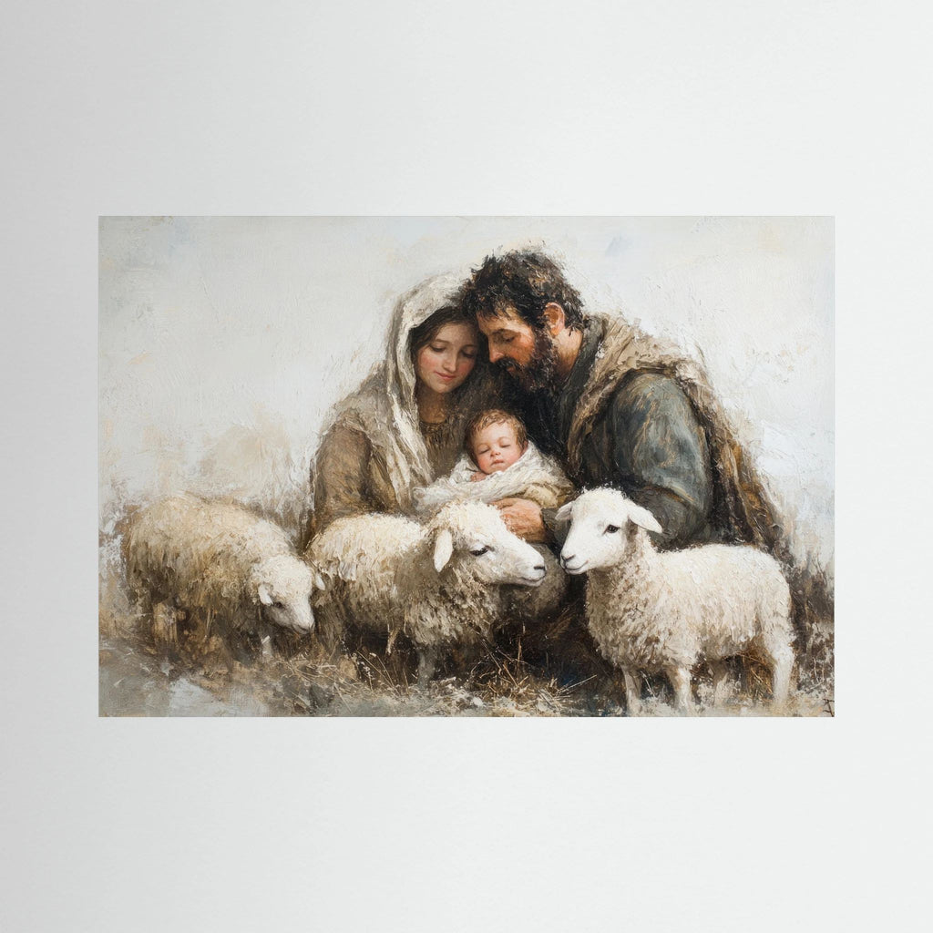 Softly painted family cradles a sleeping baby among white lambs in a quiet neutral landscape.