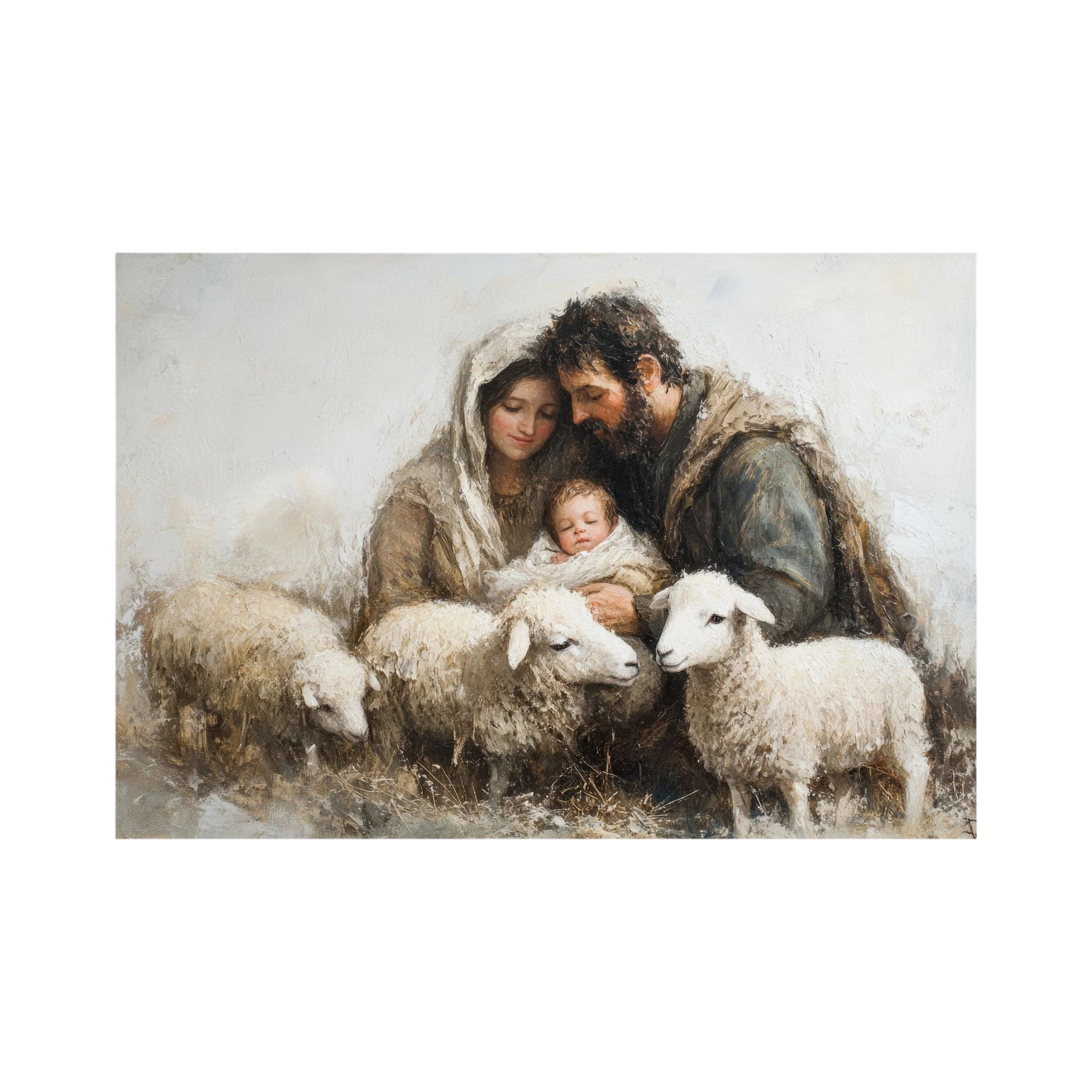 Softly painted family cradles a sleeping baby among white lambs in a quiet neutral landscape.