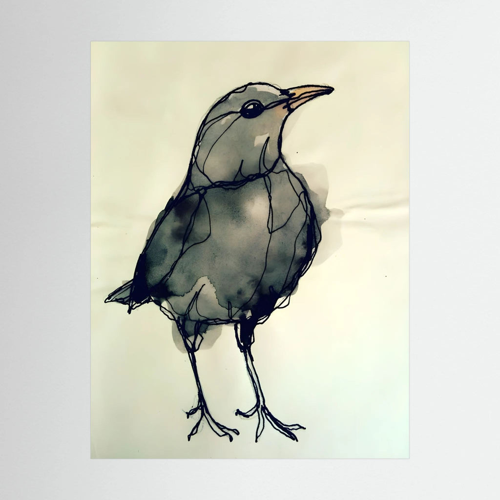 Loose grey and black watercolour study of a small bird standing on a pale background, shown in product view 3.