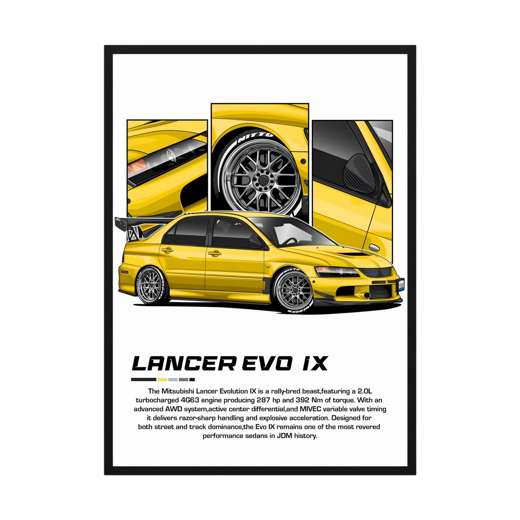 Yellow Mitsubishi Lancer Evolution IX illustration with close-up wheel and body panels.