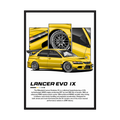 Yellow Mitsubishi Lancer Evolution IX illustration with close-up wheel and body panels.