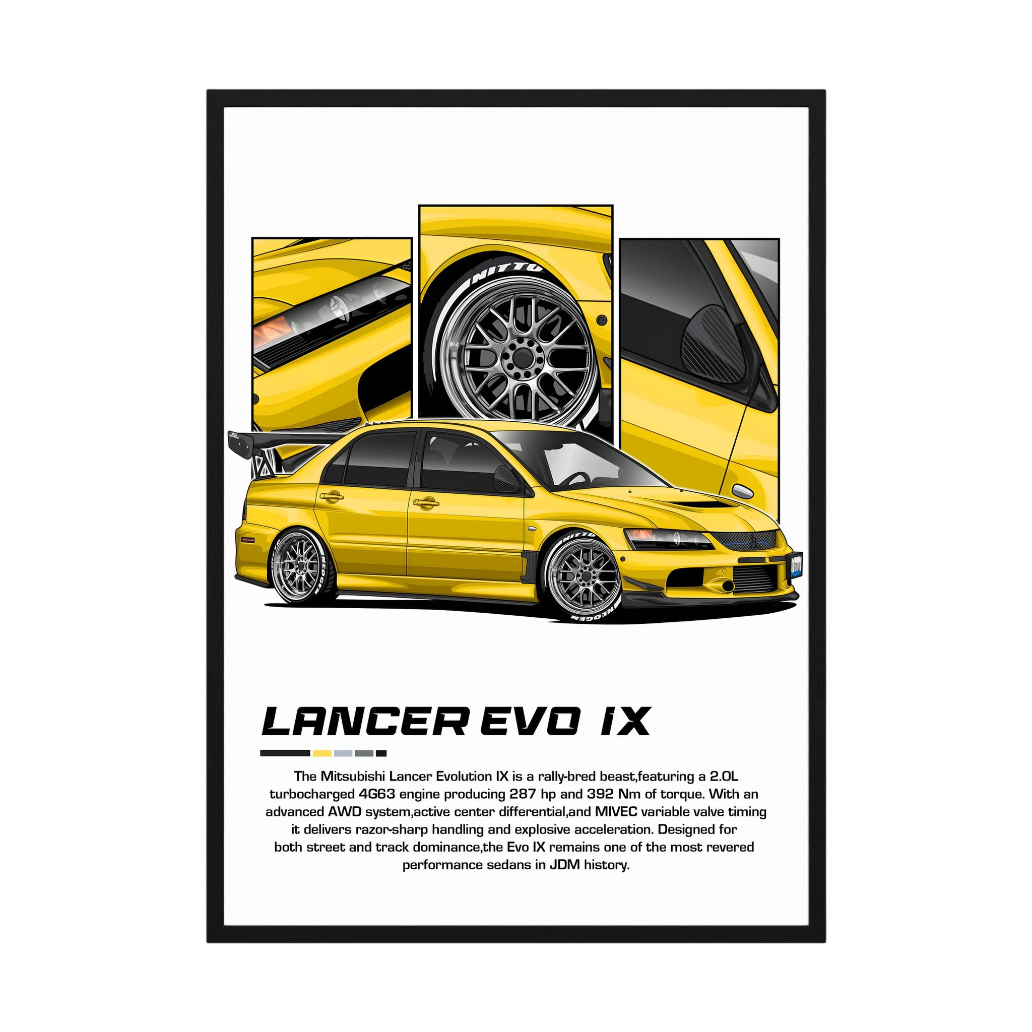 Yellow Mitsubishi Lancer Evolution IX illustration with close-up wheel and body panels.