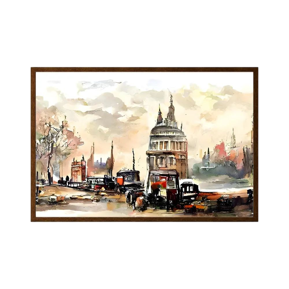 Watercolour London city scene with St Paul's Cathedral and street traffic.