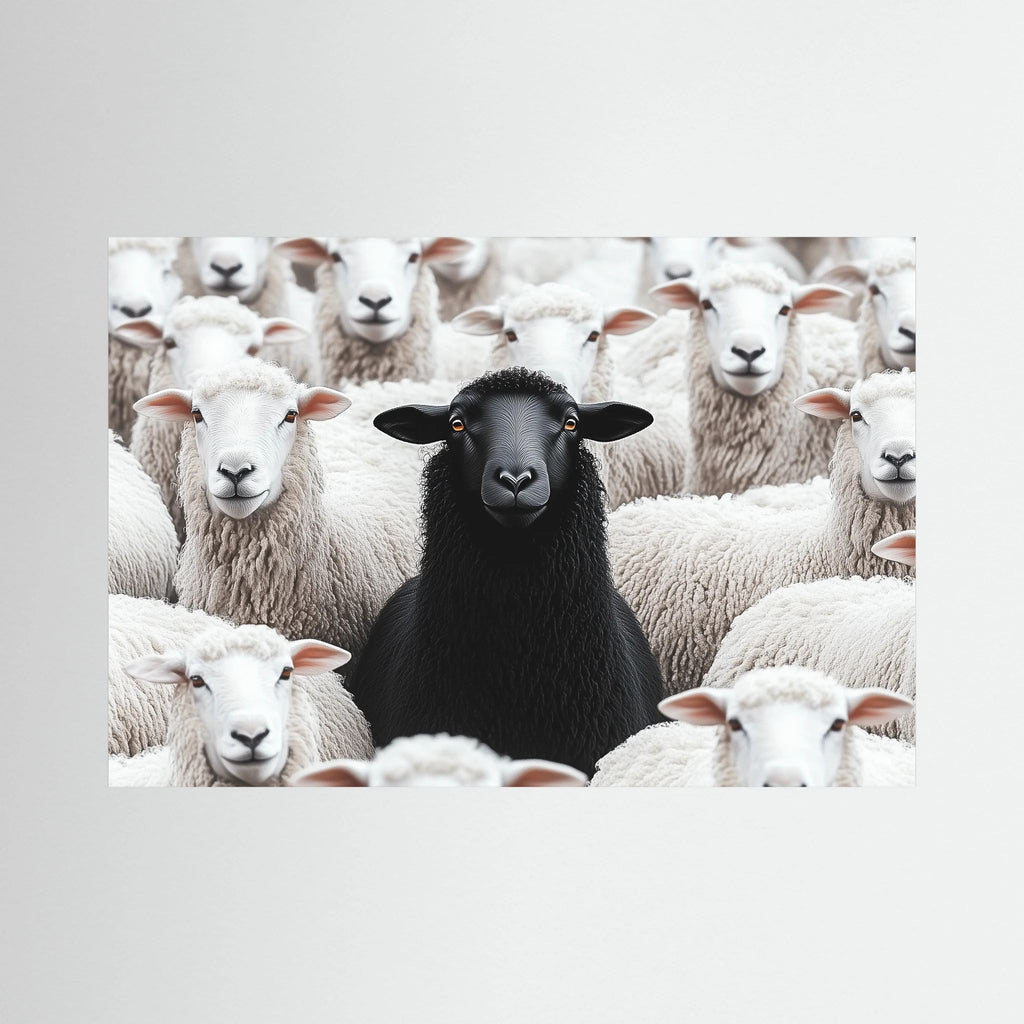 Single black sheep stands centred among a tightly packed flock of white sheep, shown in product view 2.