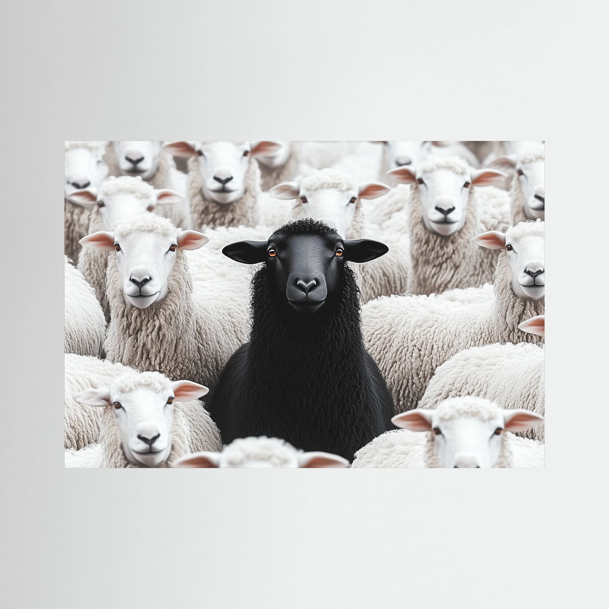 Single black sheep stands centred among a tightly packed flock of white sheep, shown in product view 2.