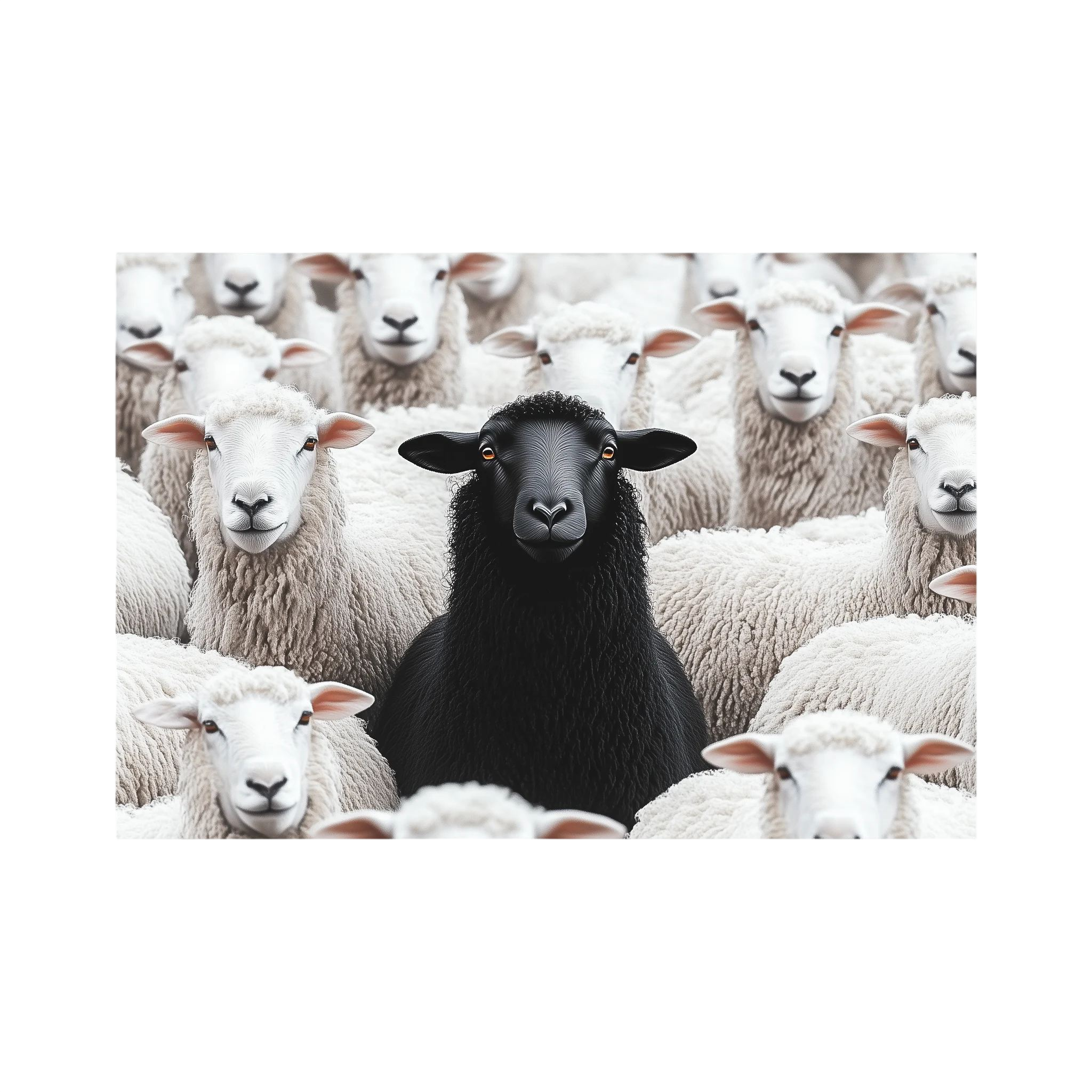 Single black sheep stands centred among a tightly packed flock of white sheep, shown in product view 2.