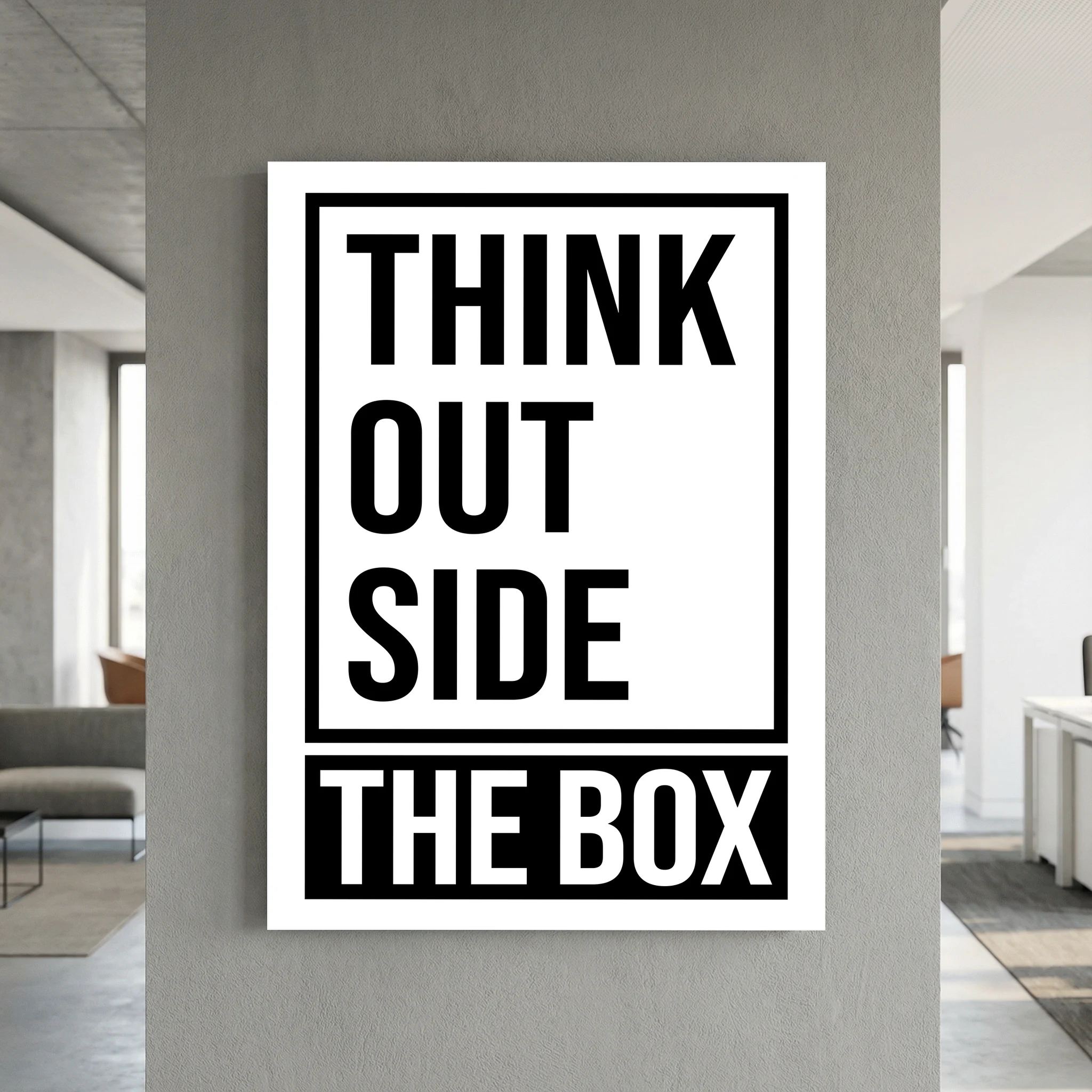 Bold black typography stacks the words think outside the box within and beyond a rectangular frame, shown in product view 5.