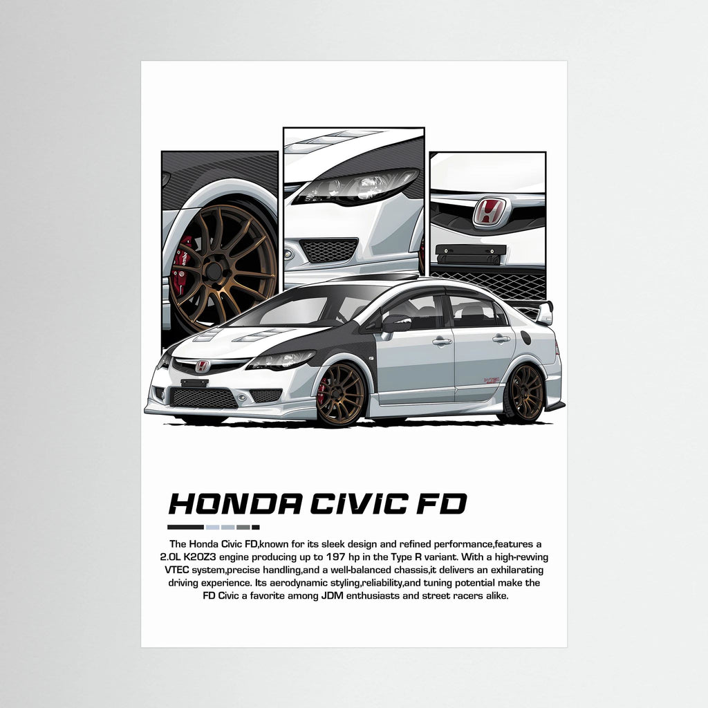 White Honda Civic FD illustration with bronze wheels and close-up body panels.