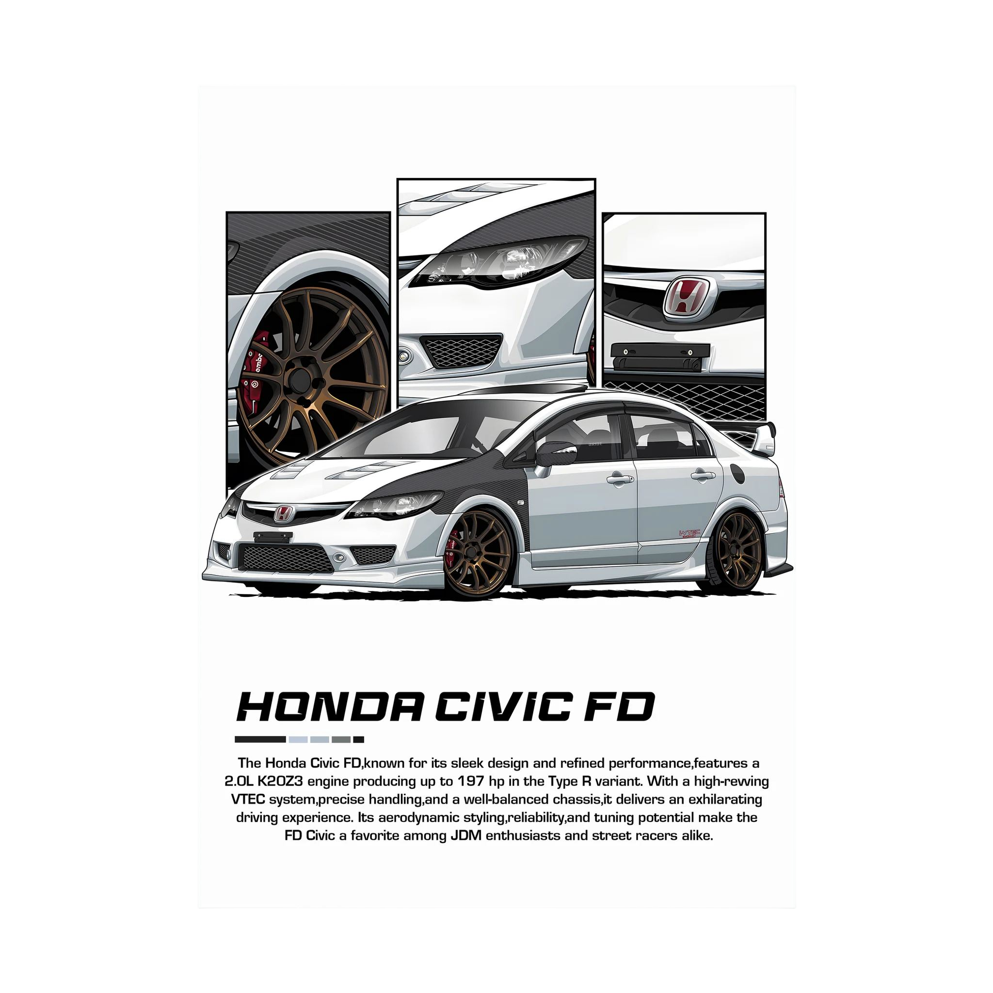 White Honda Civic FD illustration with bronze wheels and close-up body panels.