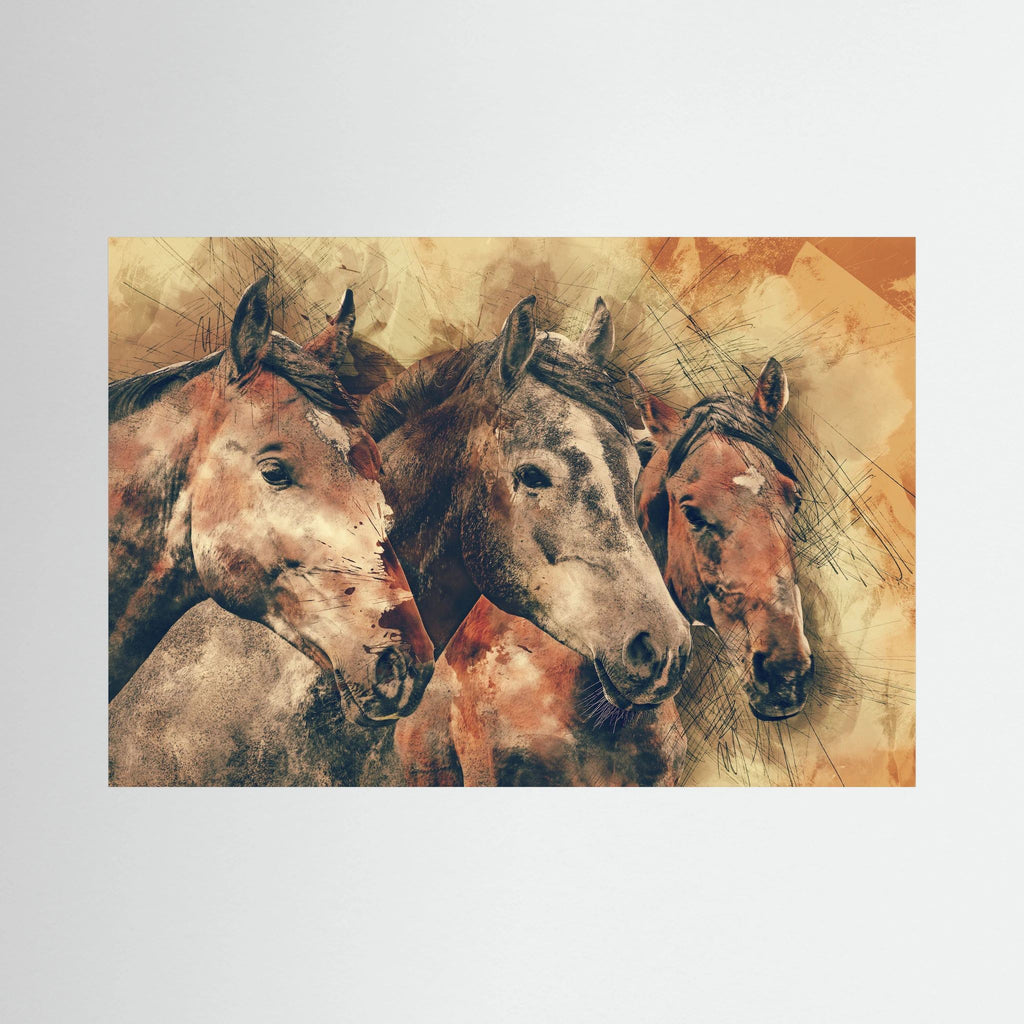 Three horse portraits rendered in layered sepia, brown and rust tones.