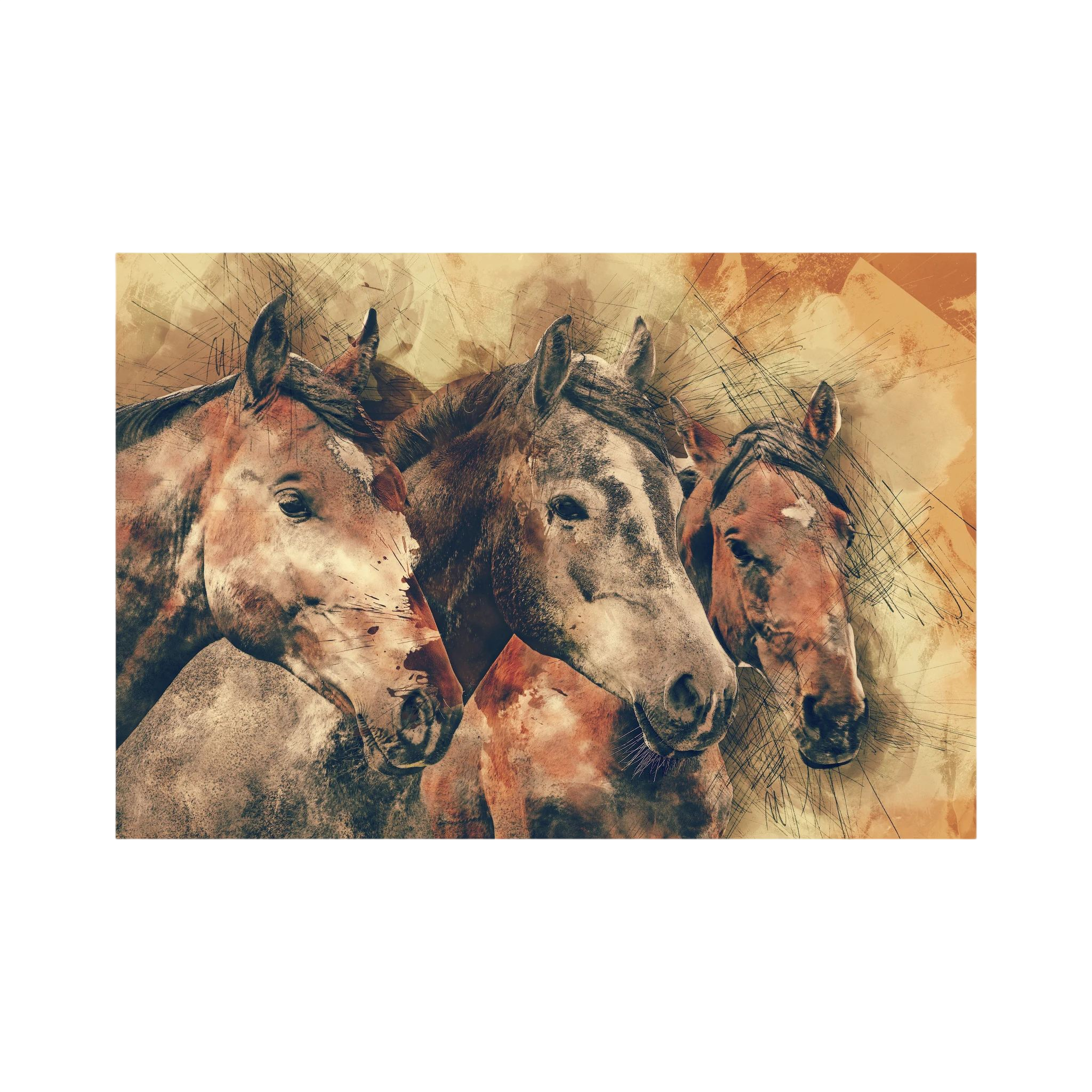 Three horse portraits rendered in layered sepia, brown and rust tones.