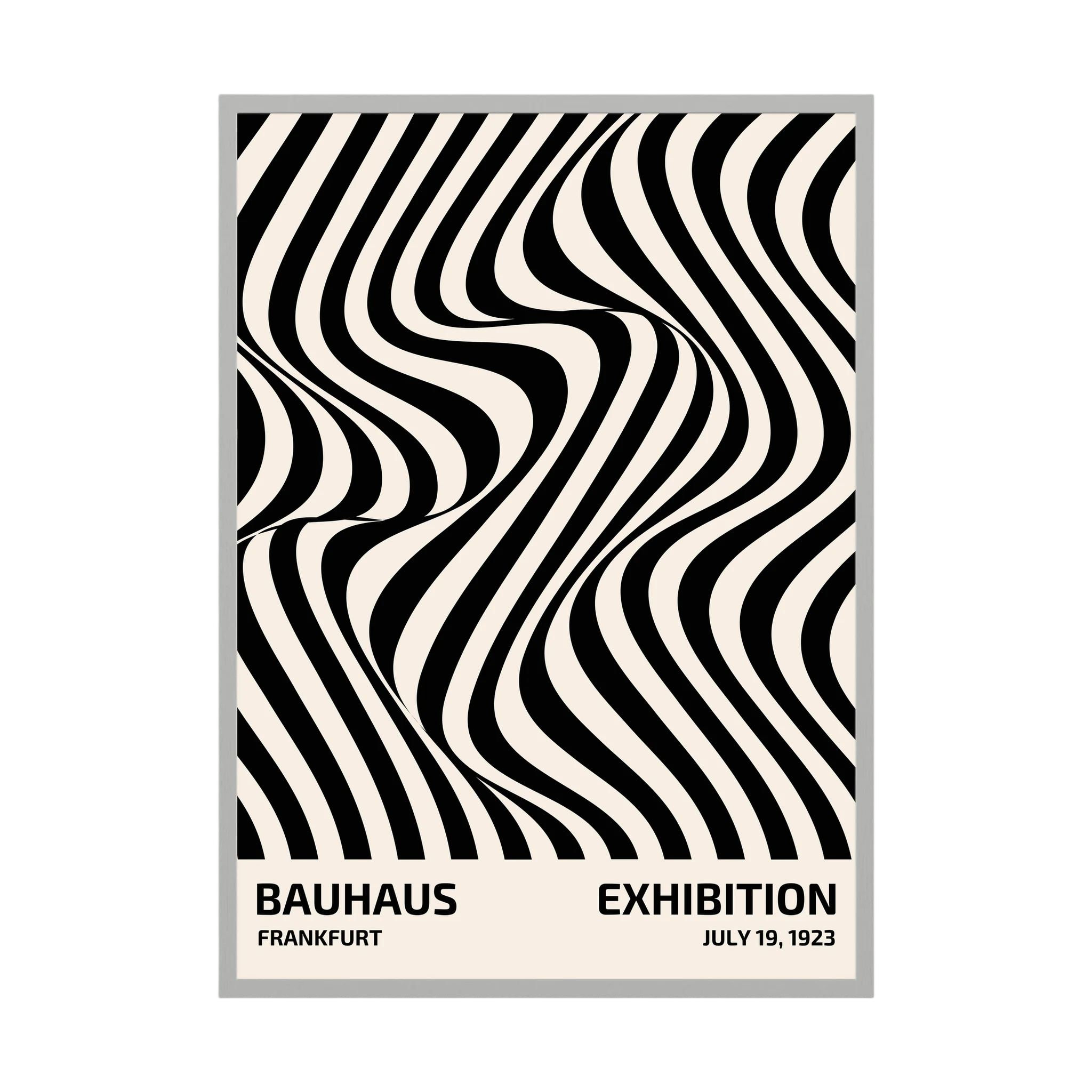 Black and white striped optical pattern flowing in curved waves.