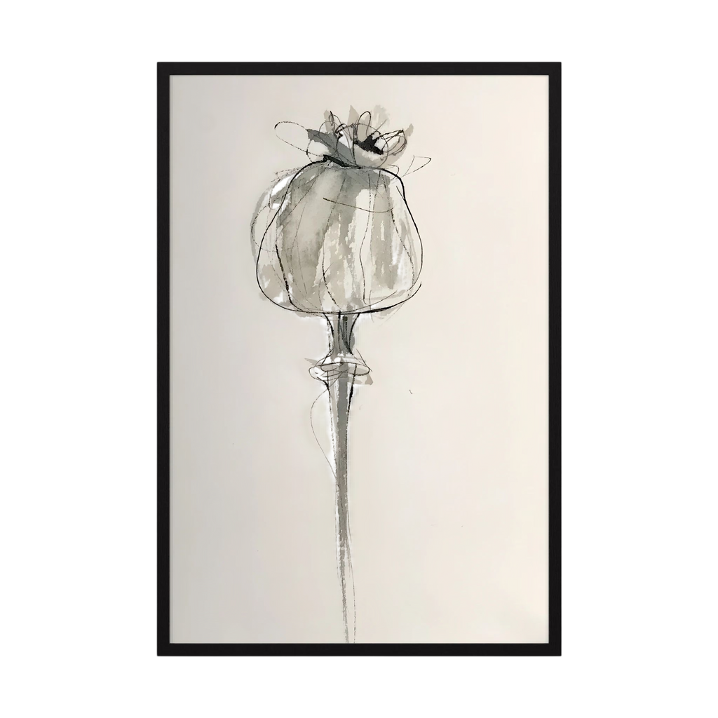 Delicate grey and black ink drawing of a poppy seed head on a warm cream background, shown in product view 3.