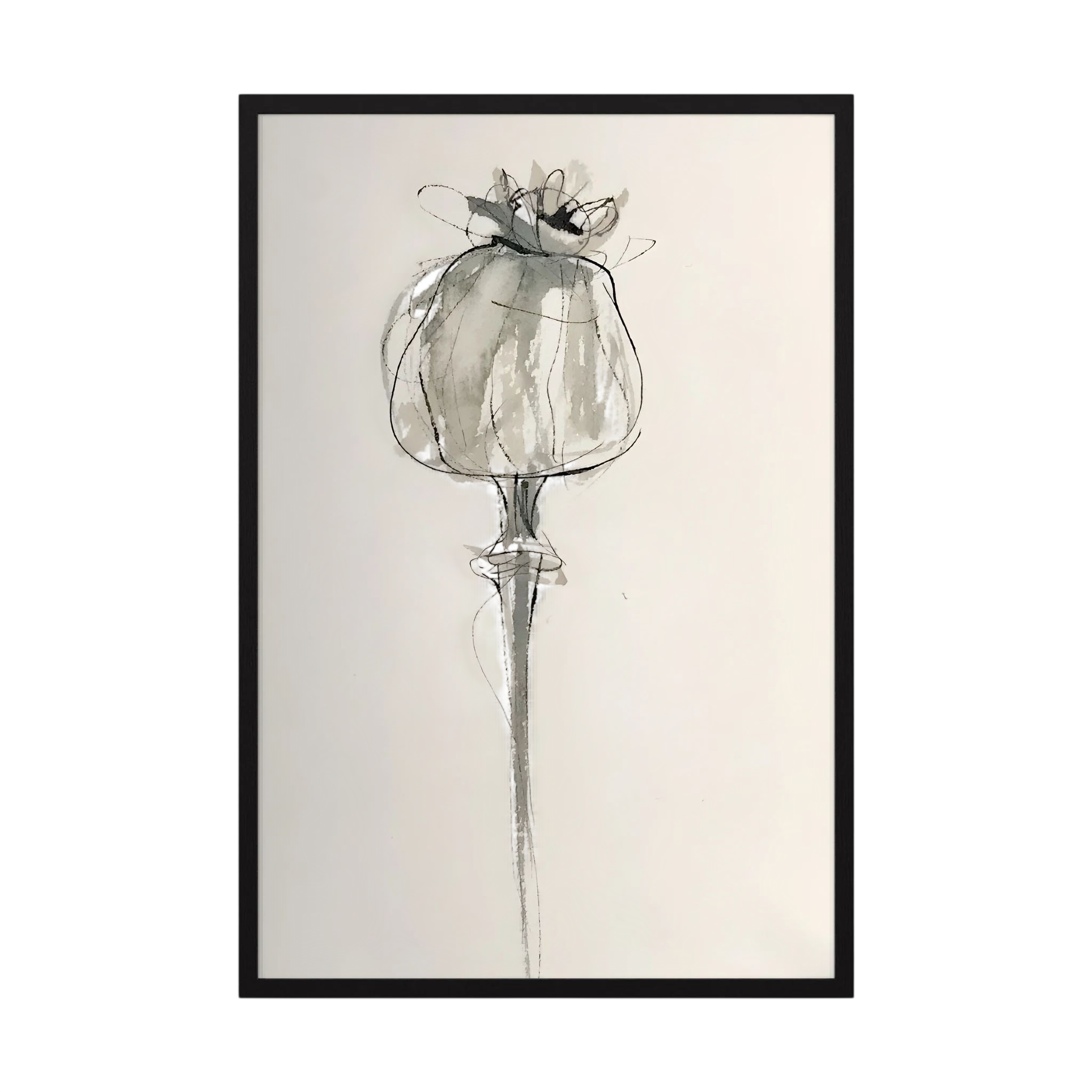 Delicate grey and black ink drawing of a poppy seed head on a warm cream background, shown in product view 3.
