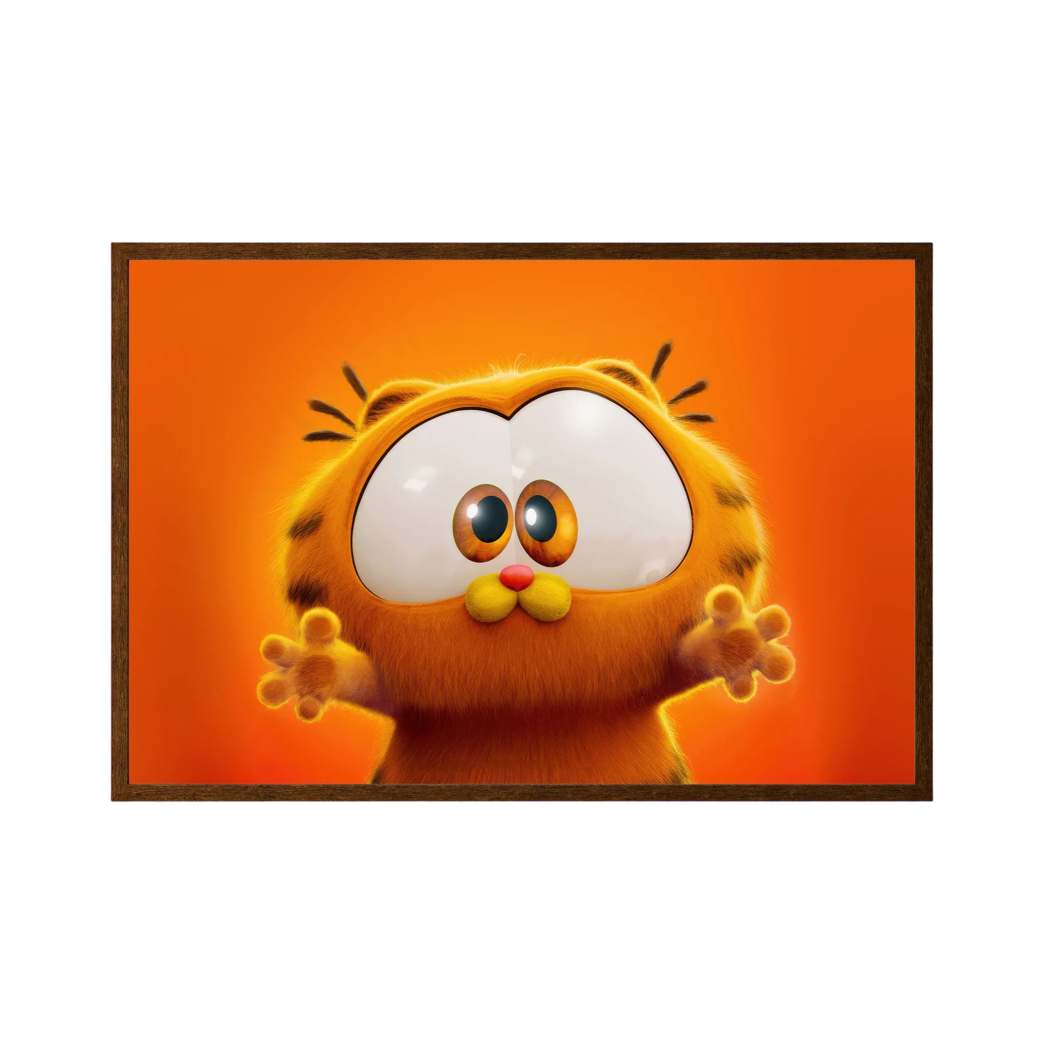 Wide-eyed orange cartoon cat reaches forward against a glowing orange background, shown in product view 2.