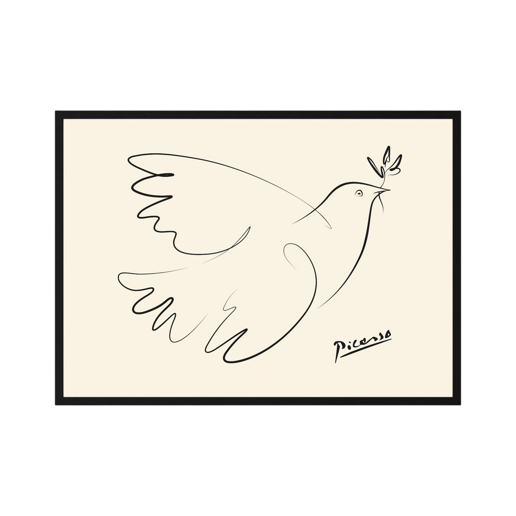 Minimal black line drawing of a flying dove carrying an olive branch on a warm cream background, shown in product view 3.