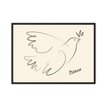 Minimal black line drawing of a flying dove carrying an olive branch on a warm cream background, shown in product view 3.