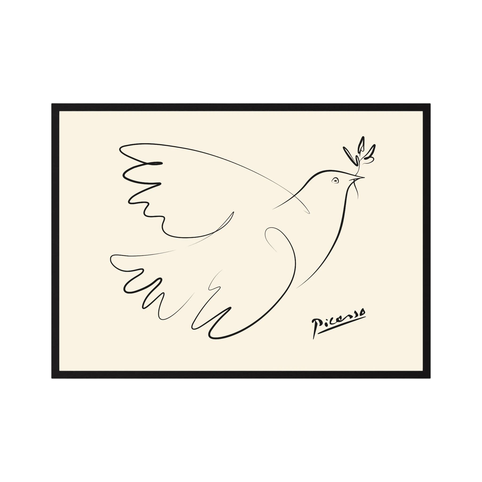 Minimal black line drawing of a flying dove carrying an olive branch on a warm cream background, shown in product view 3.