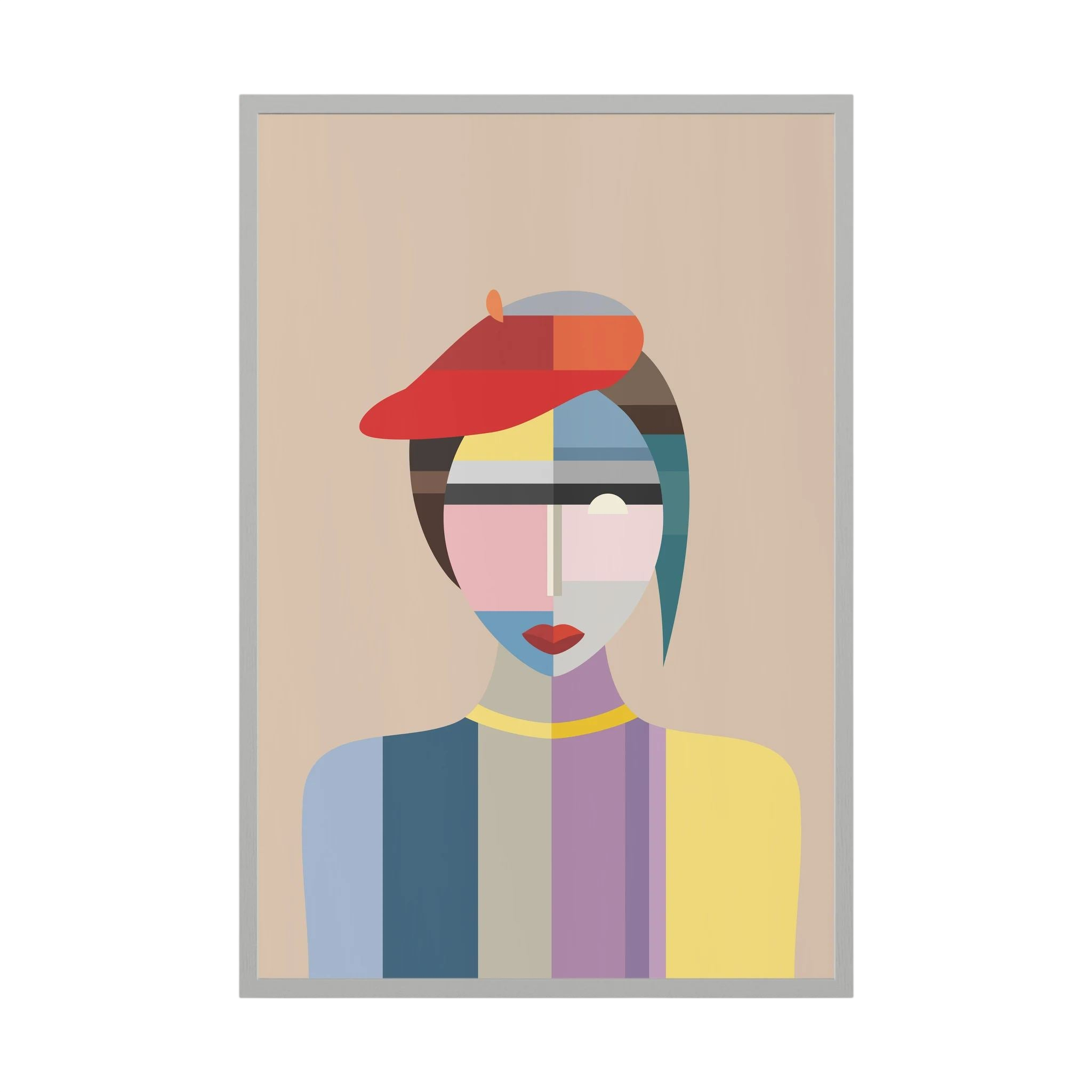 Faceted portrait of a woman in a red beret, composed from soft blue, lavender, beige and yellow blocks, shown in product view 2.