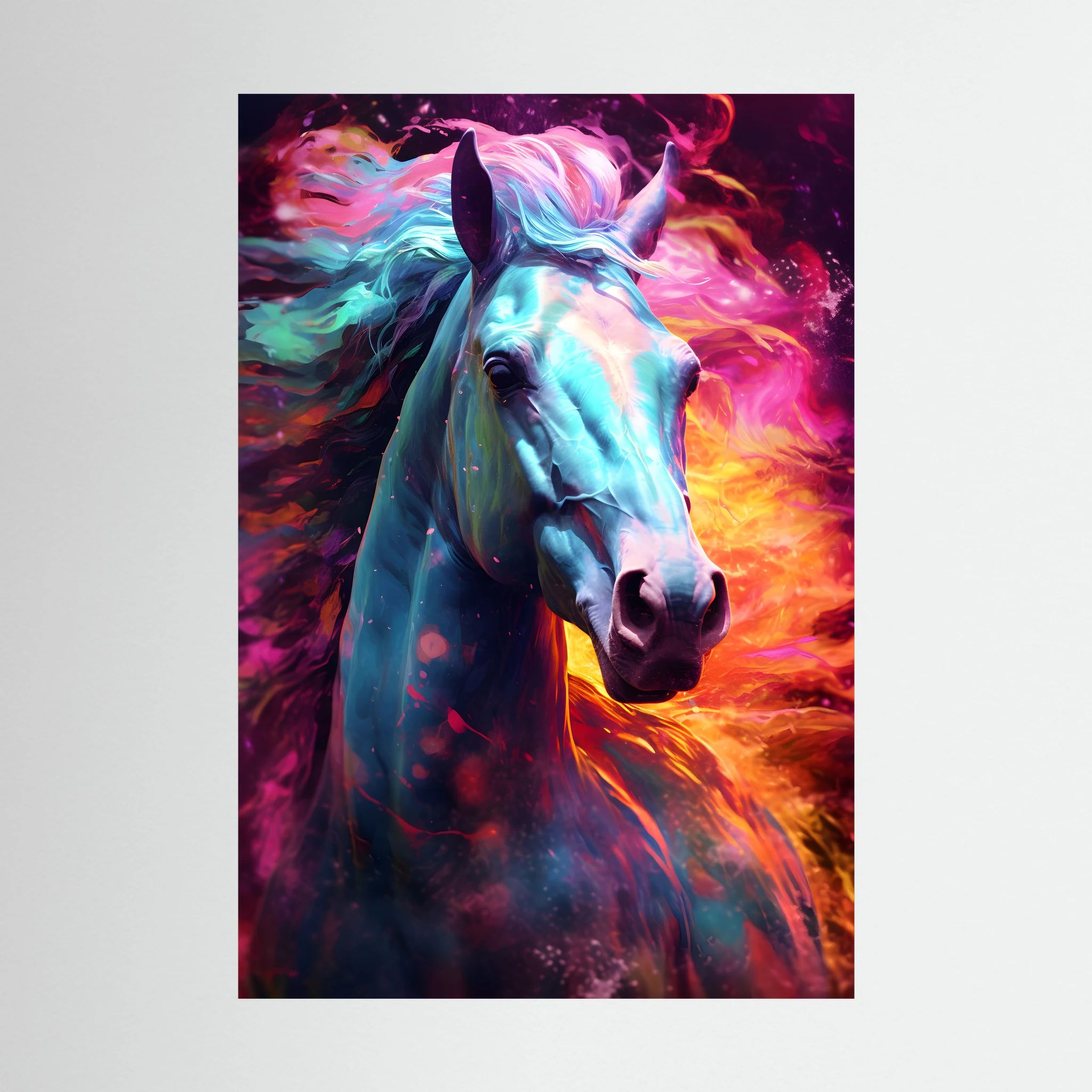 Colourful white horse portrait with blue, pink and orange painterly light.