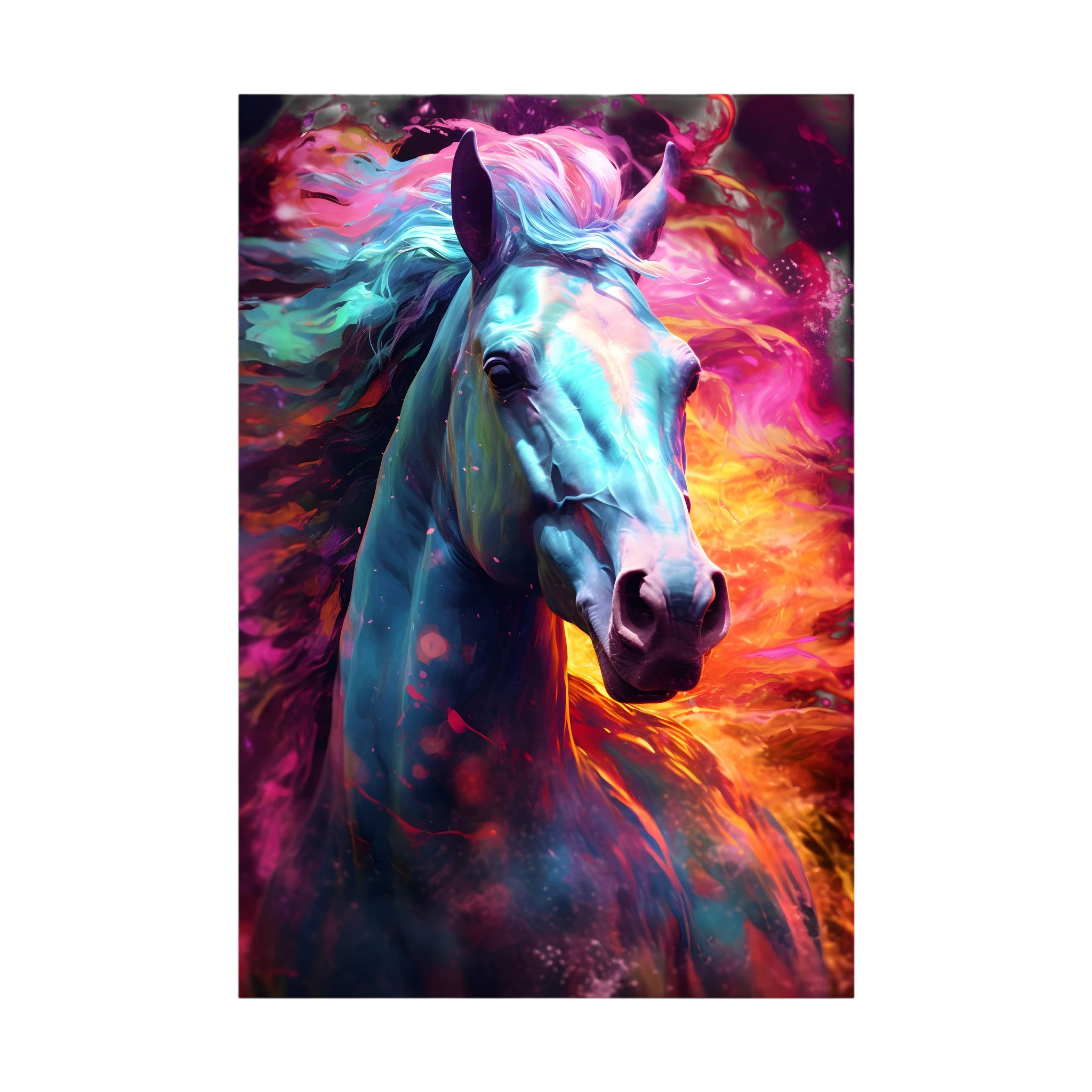 Colourful white horse portrait with blue, pink and orange painterly light.