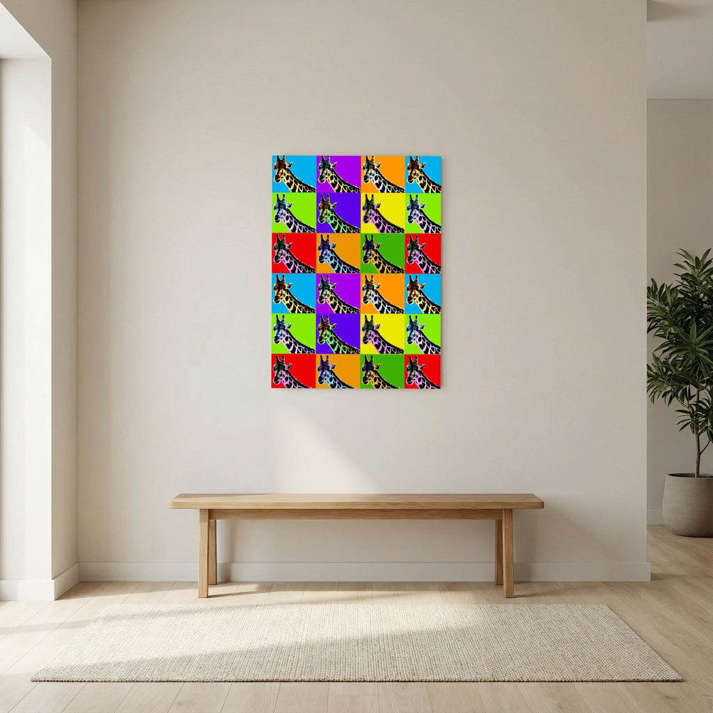 Grid of repeating giraffe portraits set against bright blue, purple, orange, green, yellow and red panels, shown in product view 6.