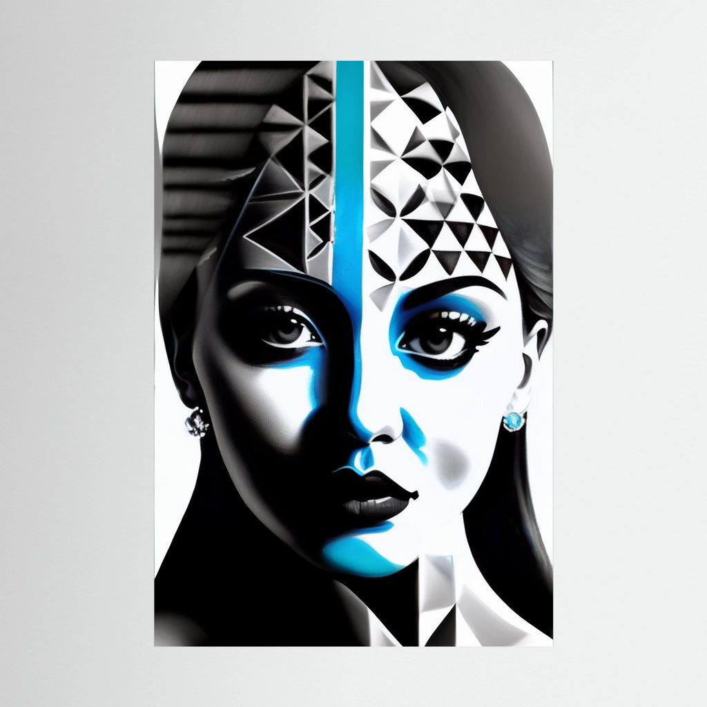 Stylised female face divided into black and white planes with cool blue accents and geometric details, shown in product view 2.