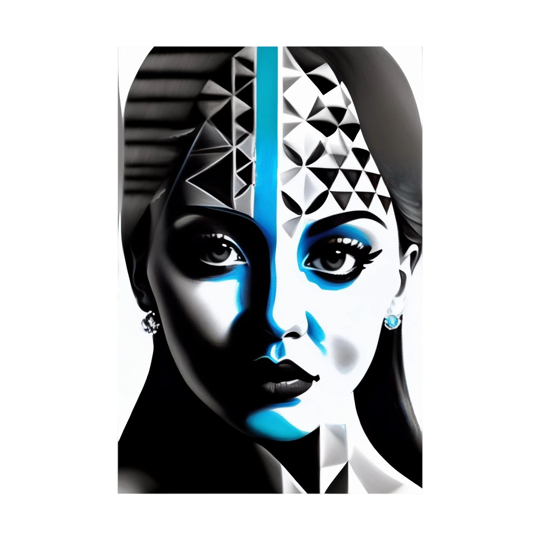 Stylised female face divided into black and white planes with cool blue accents and geometric details, shown in product view 2.