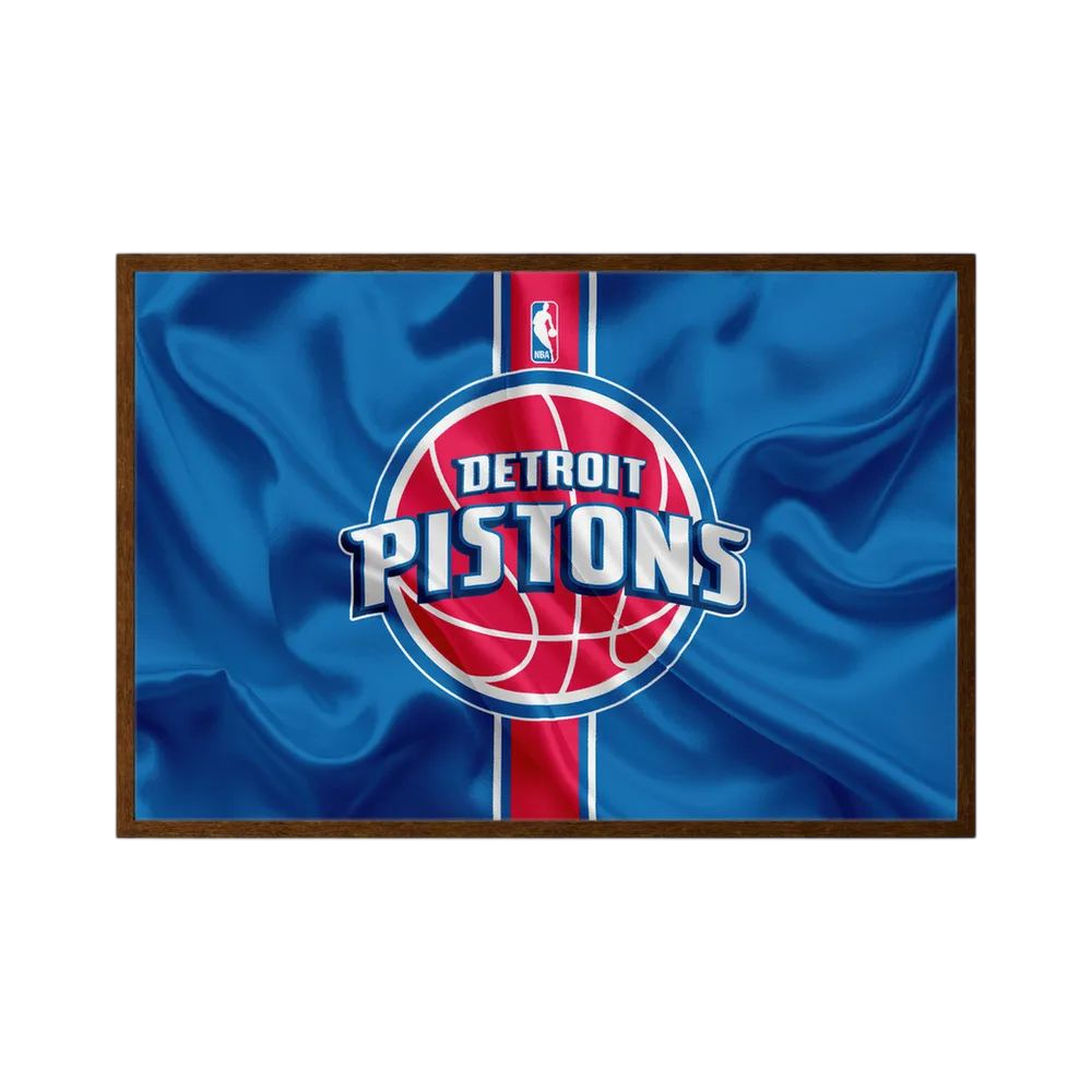 Detroit basketball team logo centred on blue fabric with a vertical red stripe.