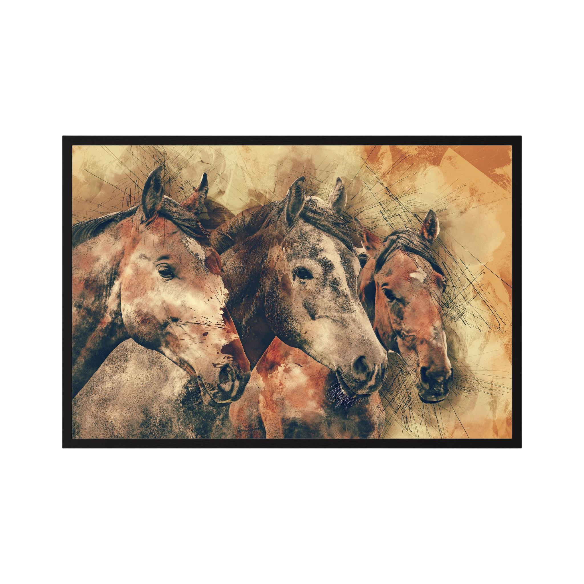 Three horse portraits rendered in layered sepia, brown and rust tones.
