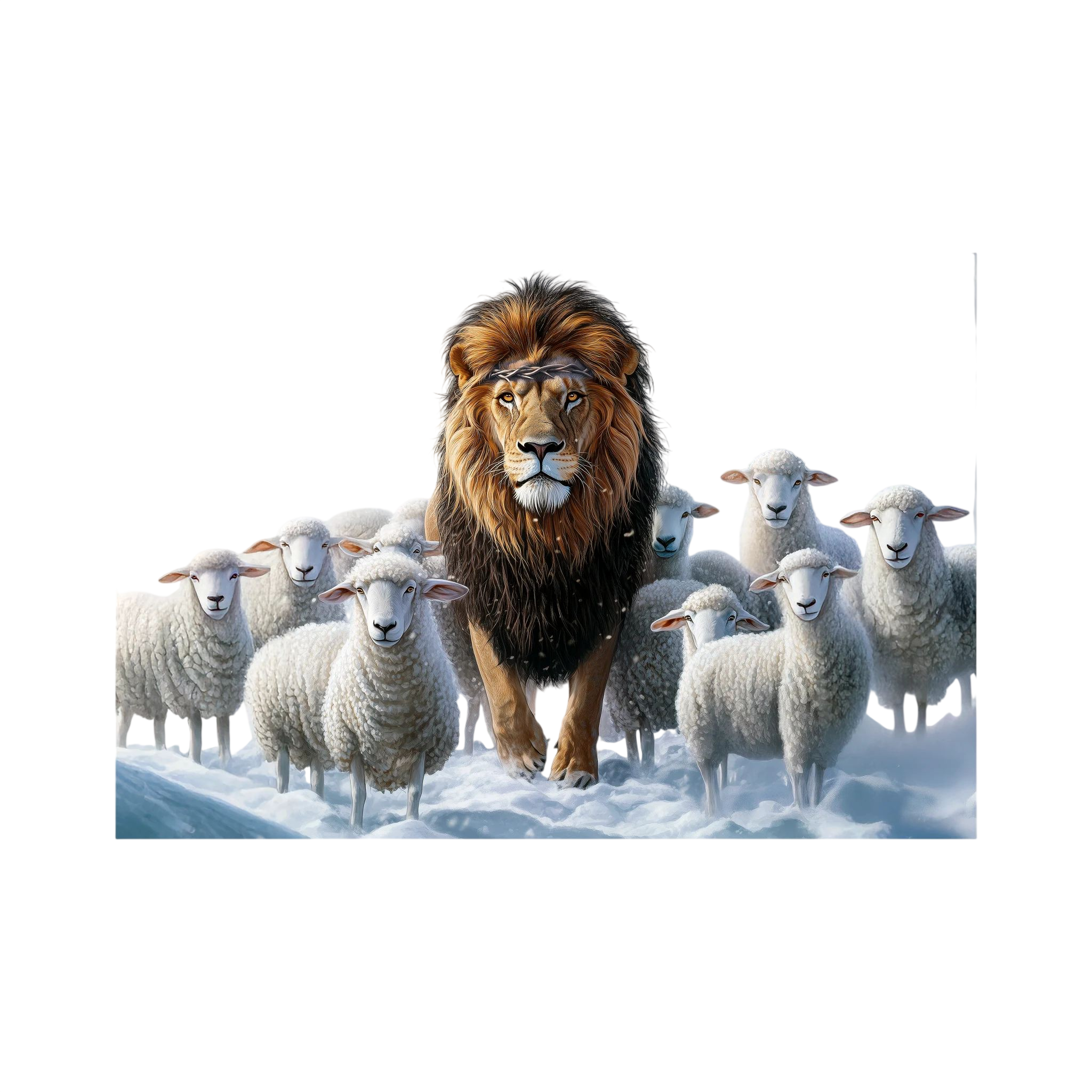 Golden-maned lion walks among white sheep through a softly lit snowy landscape, shown in product view 3.