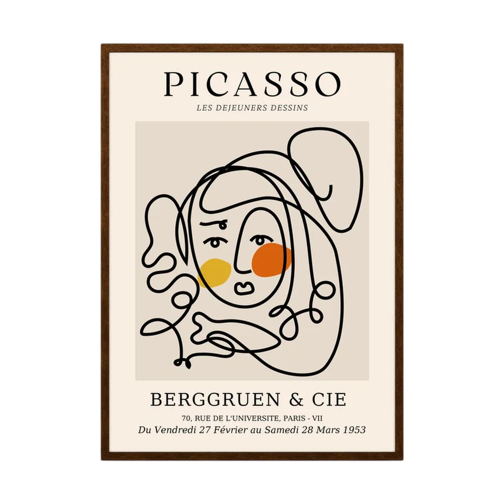 Loose black contour lines form a woman's face with warm yellow and orange circular accents, shown in product view 4.