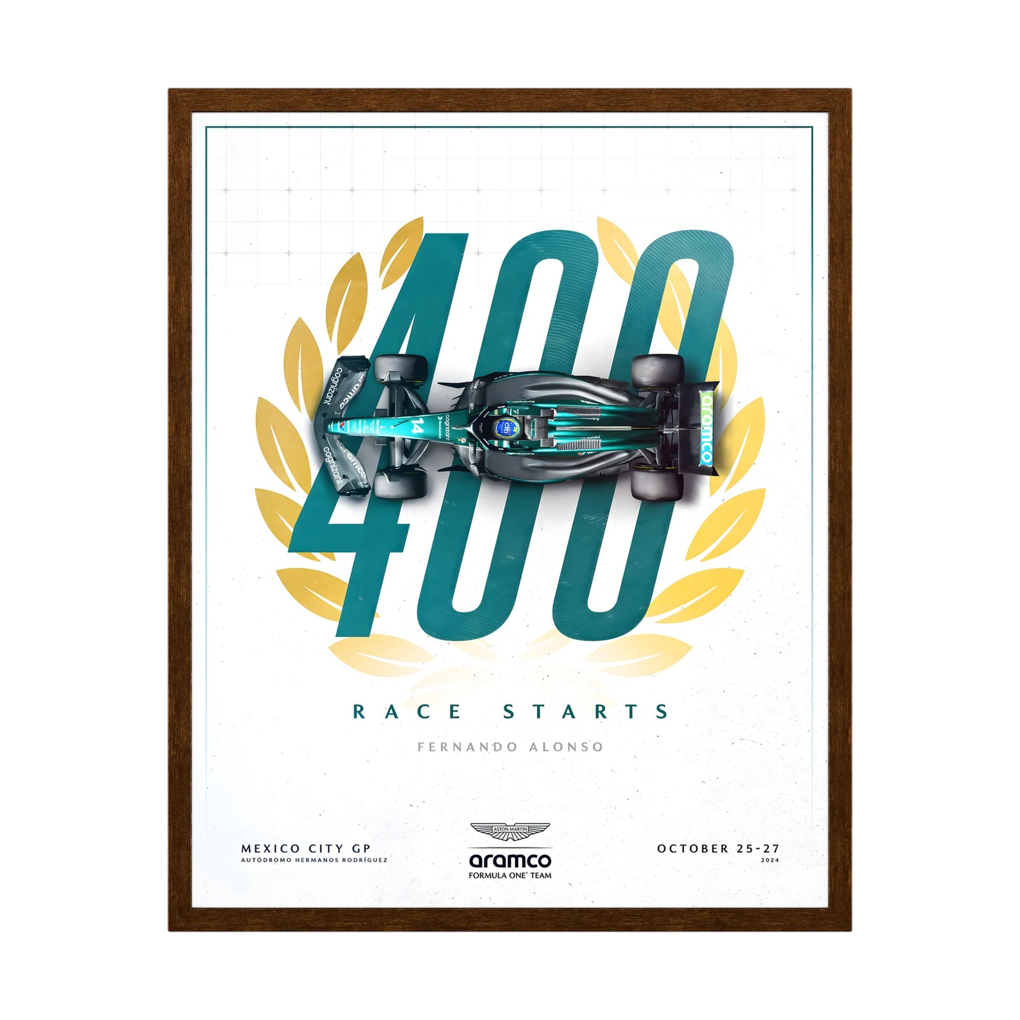 Green Formula One car over a large 400 race starts graphic for Fernando Alonso, shown in product view 5.