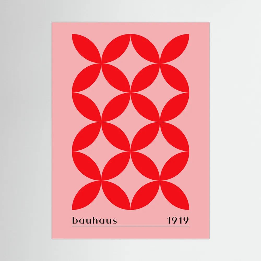 Red petal-shaped Bauhaus pattern on a soft pink background.