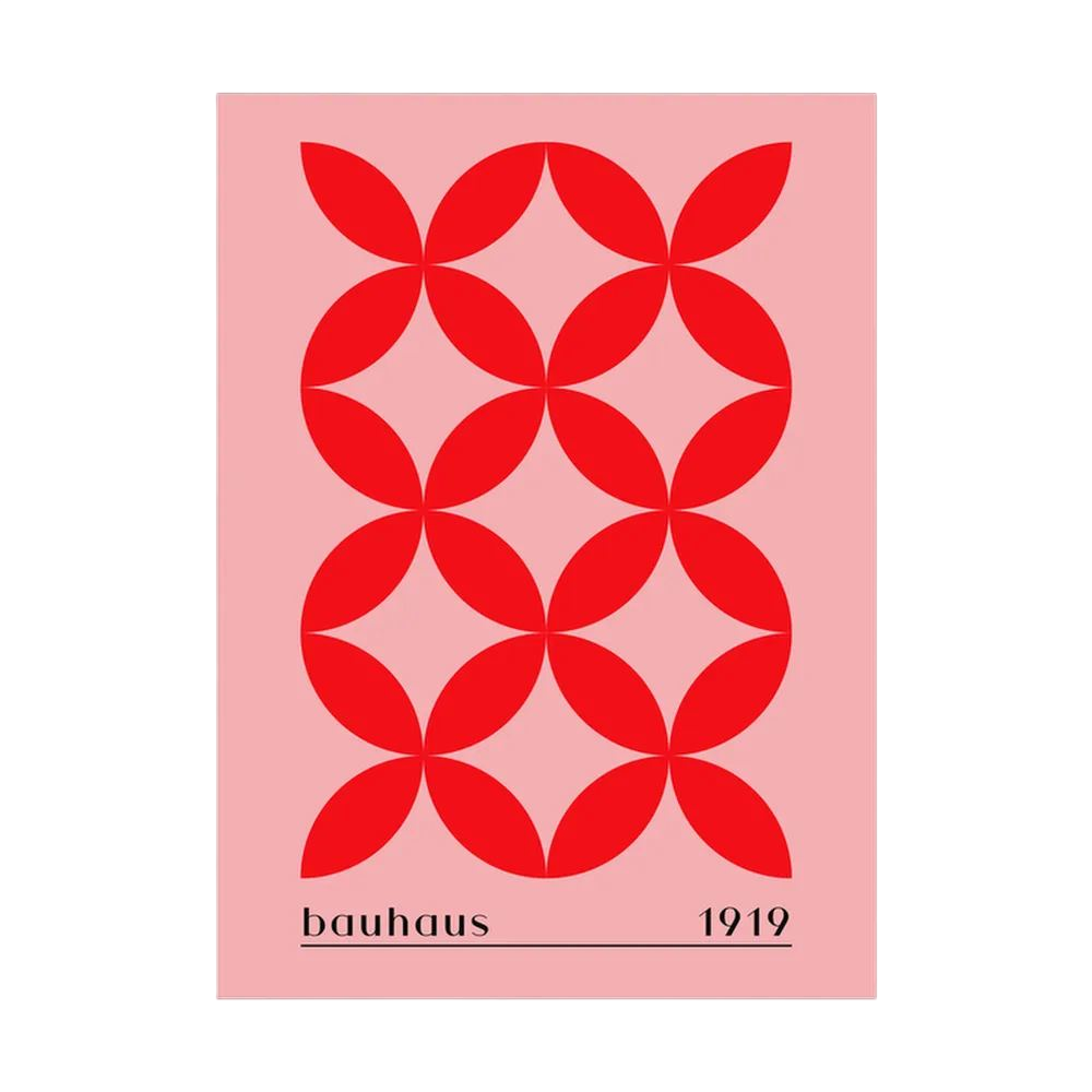 Red petal-shaped Bauhaus pattern on a soft pink background.