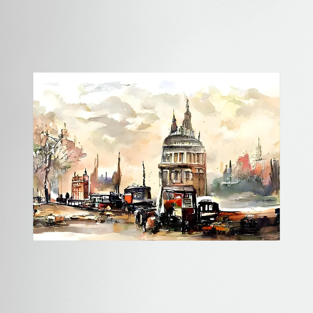 Watercolour London city scene with St Paul's Cathedral and street traffic.
