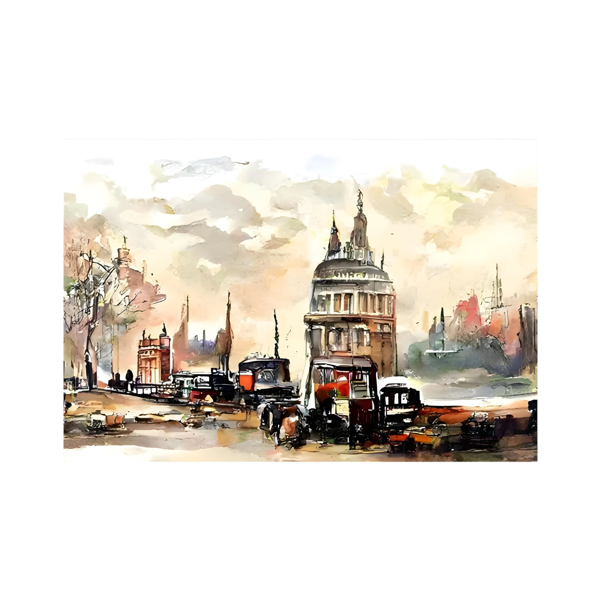 Watercolour London city scene with St Paul's Cathedral and street traffic.