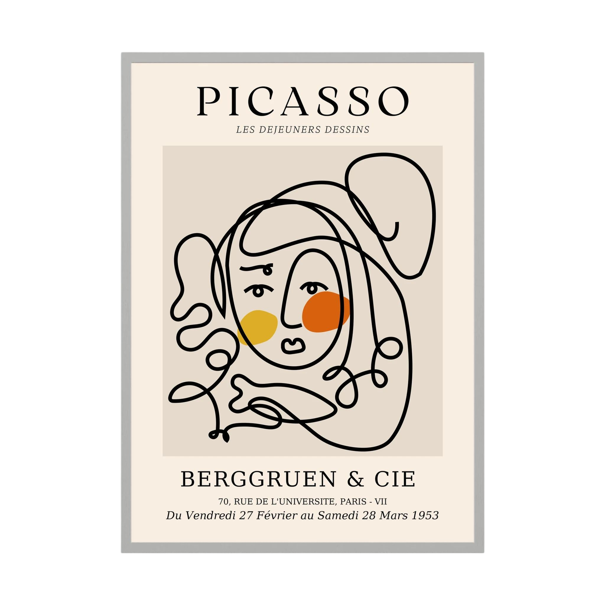 Loose black contour lines form a woman's face with warm yellow and orange circular accents, shown in product view 3.