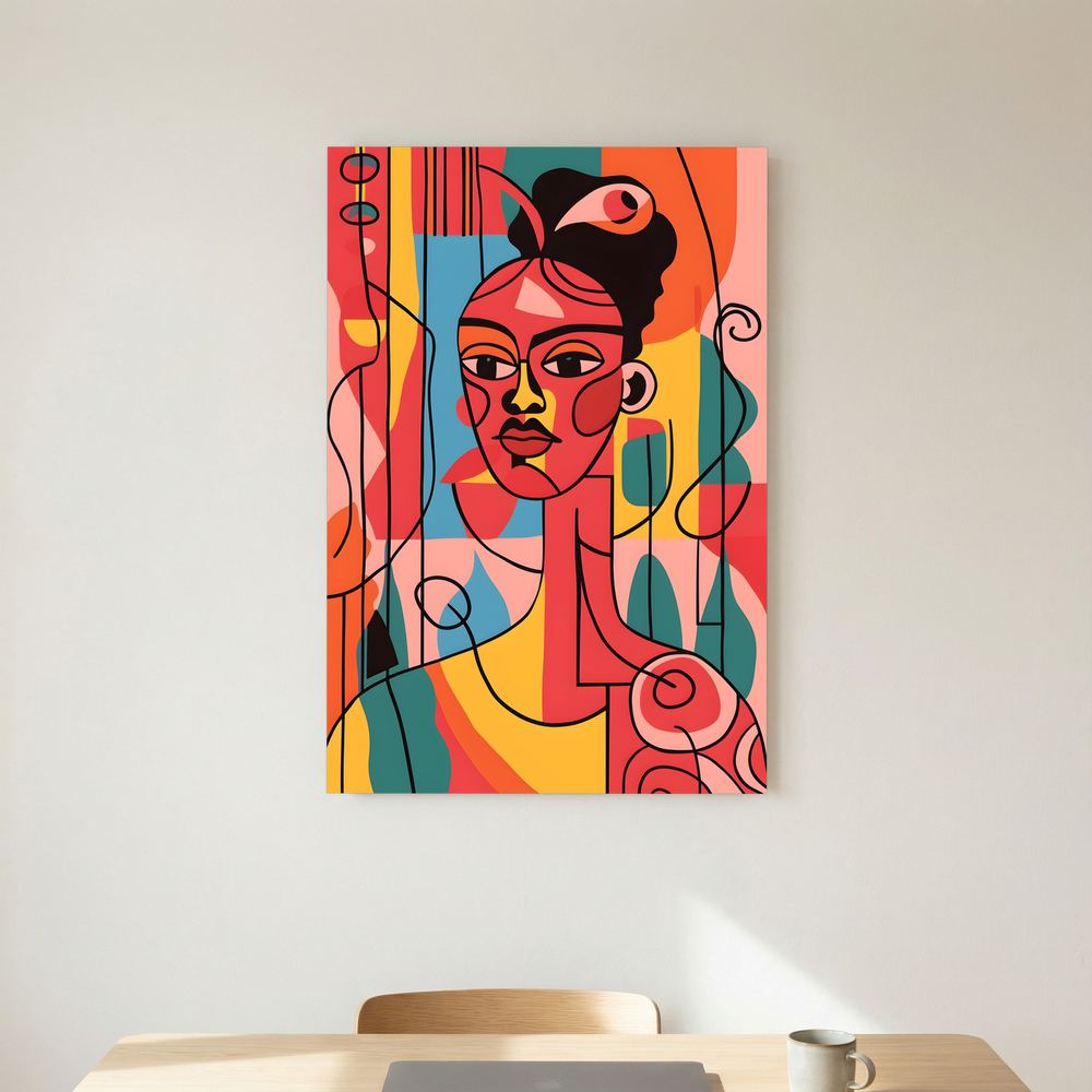Coral Geometry colourful cubist woman portrait print, product view 5.