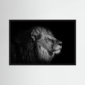 Detailed black and white lion profile emerges from a dark background with one warm golden eye, shown in product view 3.
