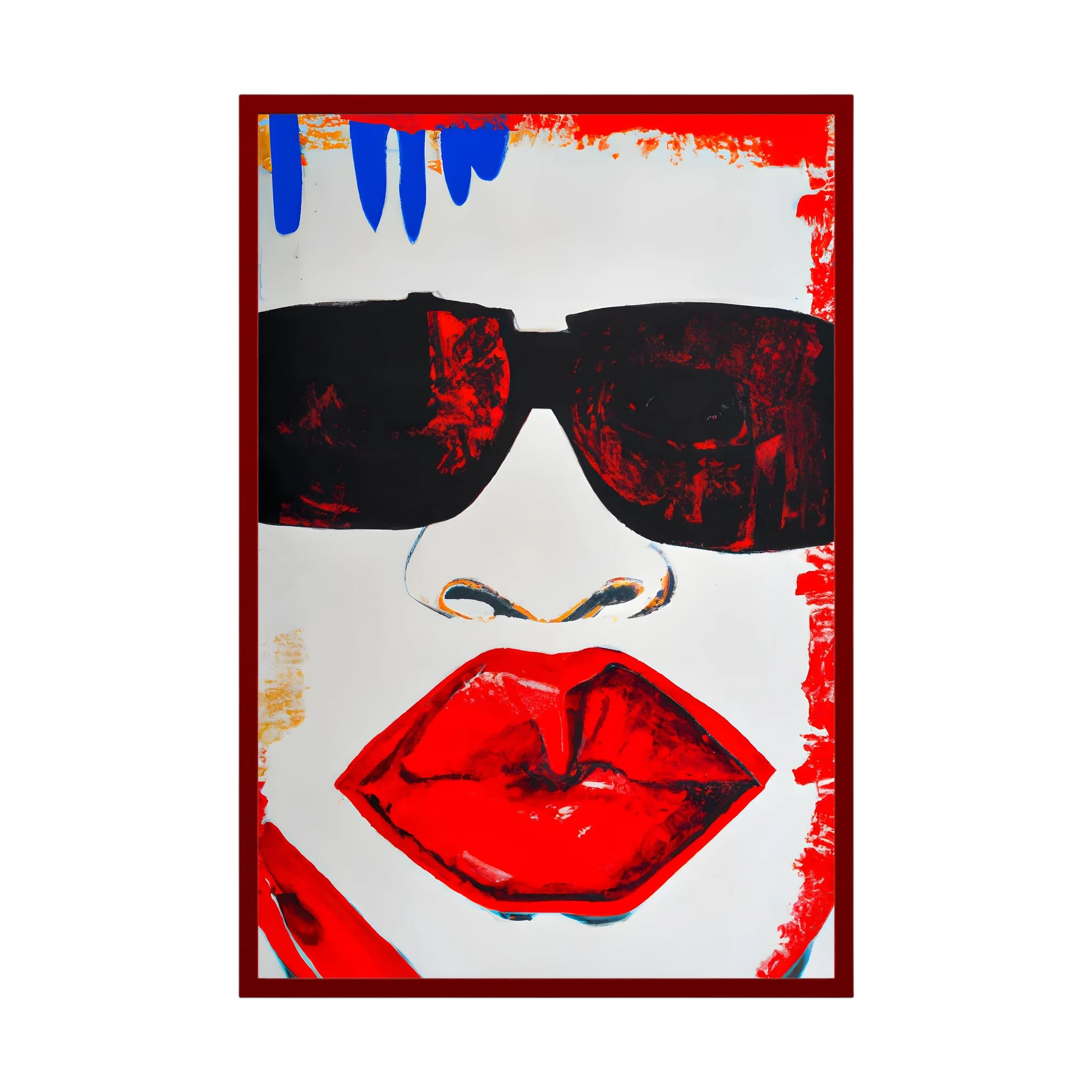 Graphic close-up of black sunglasses, a stylised nose and vivid red lips with expressive painted edges.