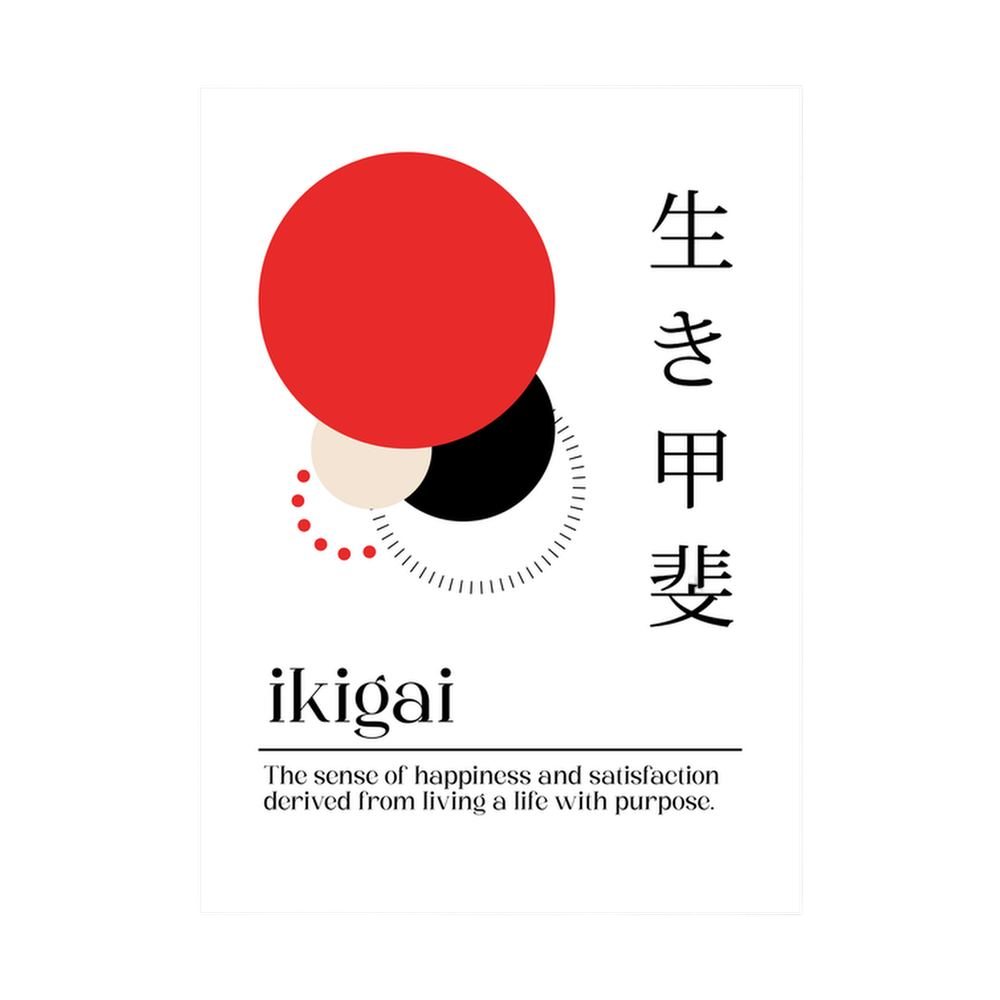 Red, black and cream Japanese-inspired Ikigai typography and circles.