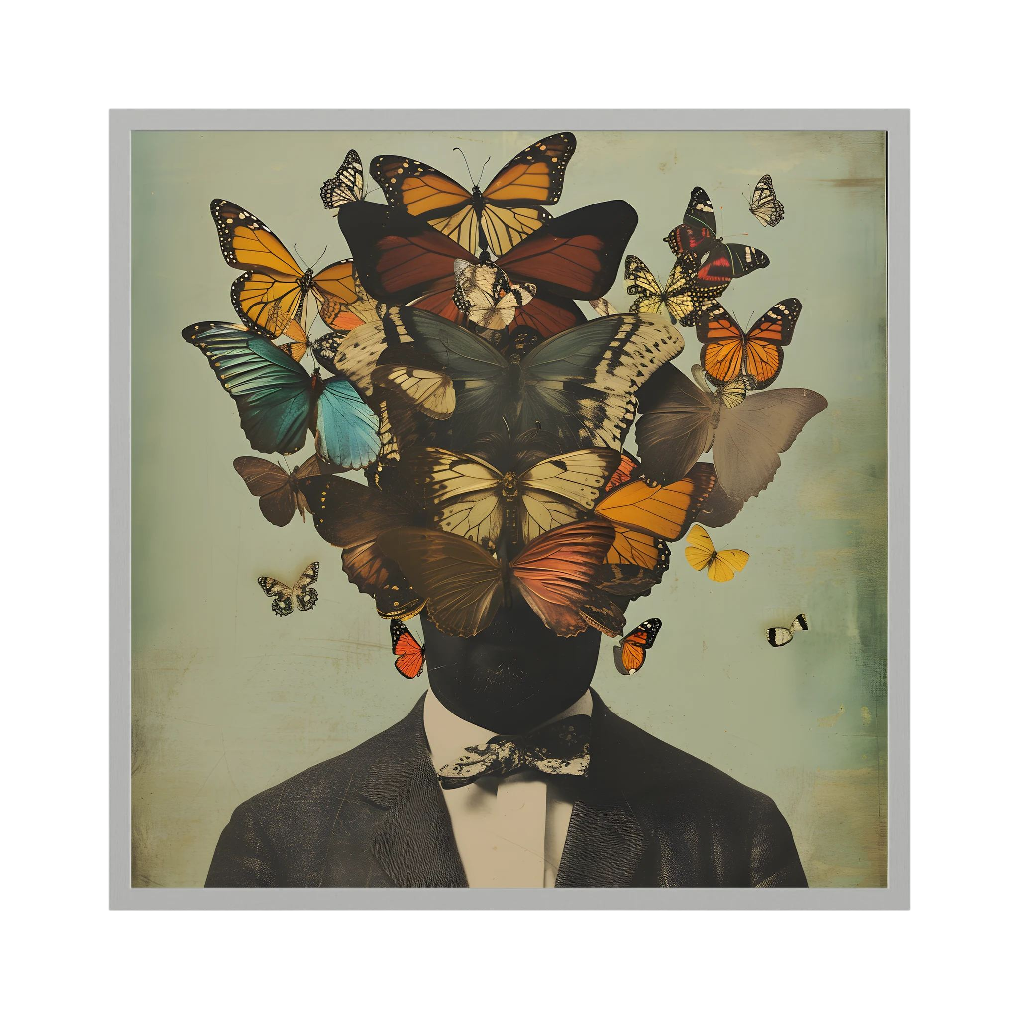 Surreal suited figure whose head is formed by a cluster of colourful butterflies, shown in product view 2.