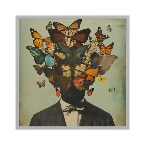 Surreal suited figure whose head is formed by a cluster of colourful butterflies, shown in product view 2.
