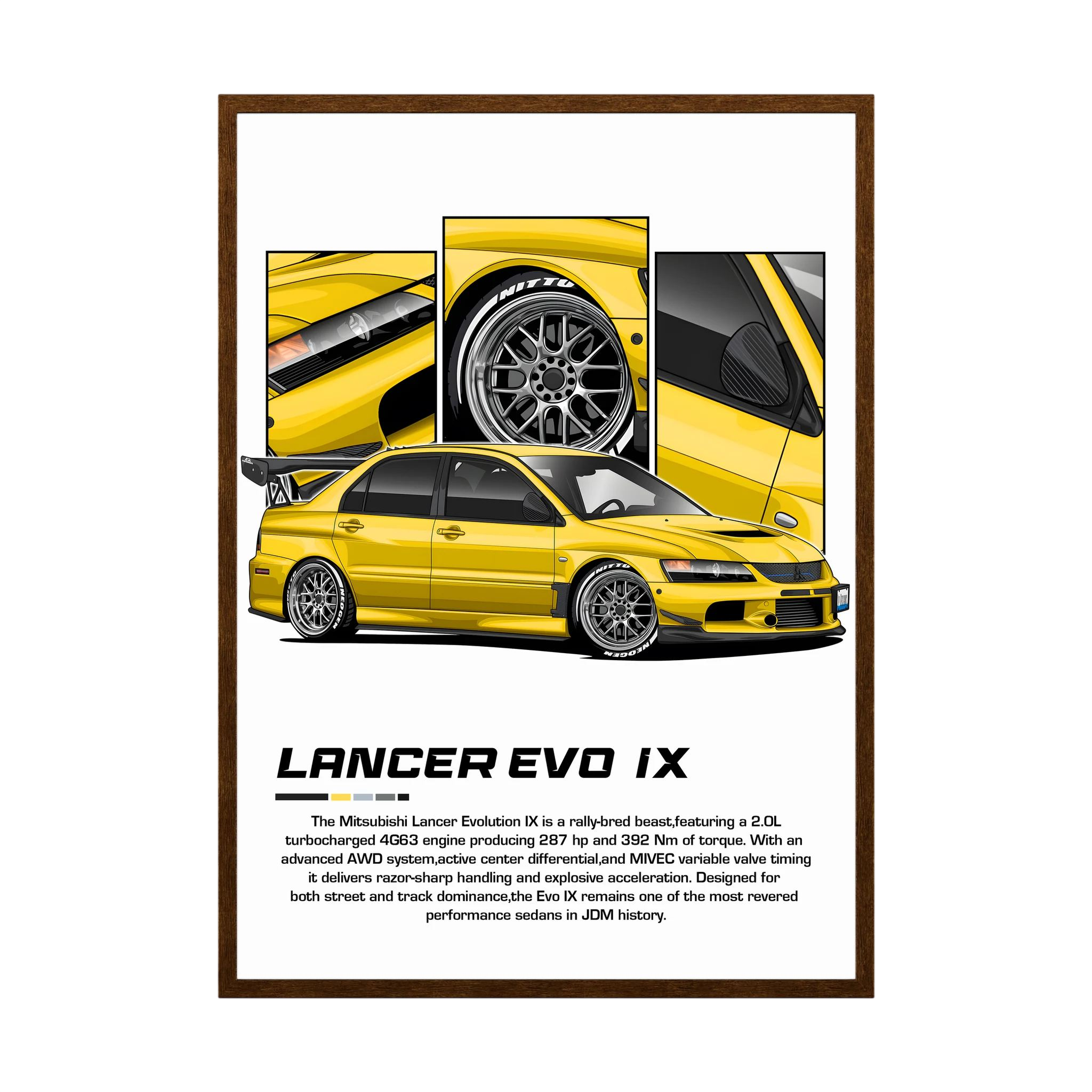Yellow Mitsubishi Lancer Evolution IX illustration with close-up wheel and body panels.